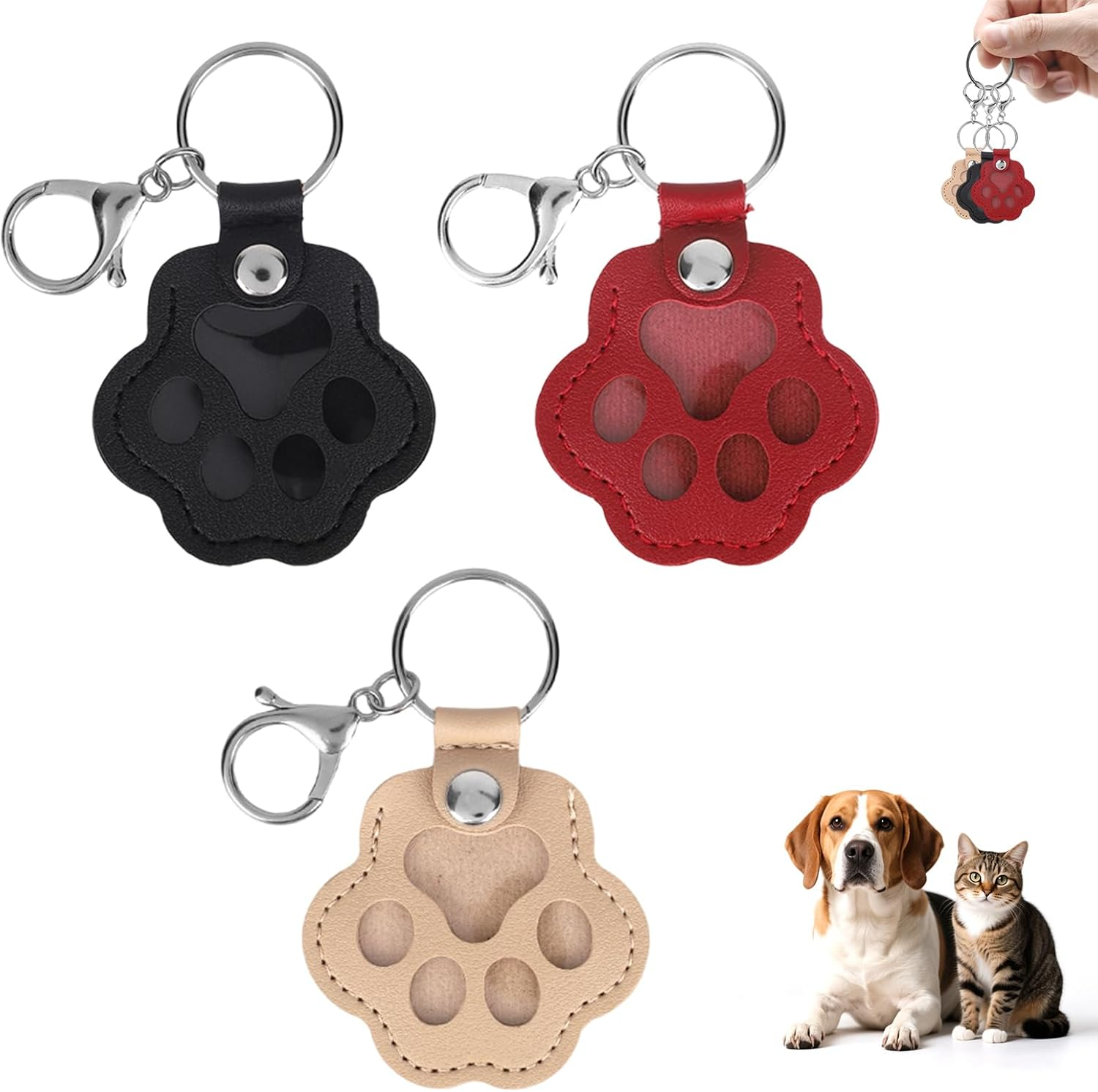 3Pcs Dog Fur Storage Keychains, Durable Leather Pet Memorial Keychain Cute Paw Shaped Keyring for Dogs & Cats Pet Hair Collection Keepsake (Black, Gray, Red) image number 2