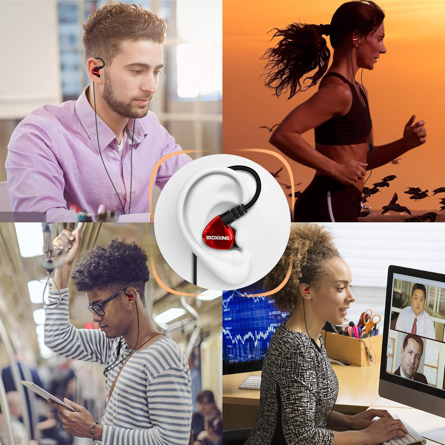 MOXKING Running Sports Earbud Headphones Wired over Ear in Ear Headsets Noise Isolation Waterproof Earbuds Enhanced Bass Stereo Earphones with Microphone and Remote for Running Jogging Gym (Red) image number 4