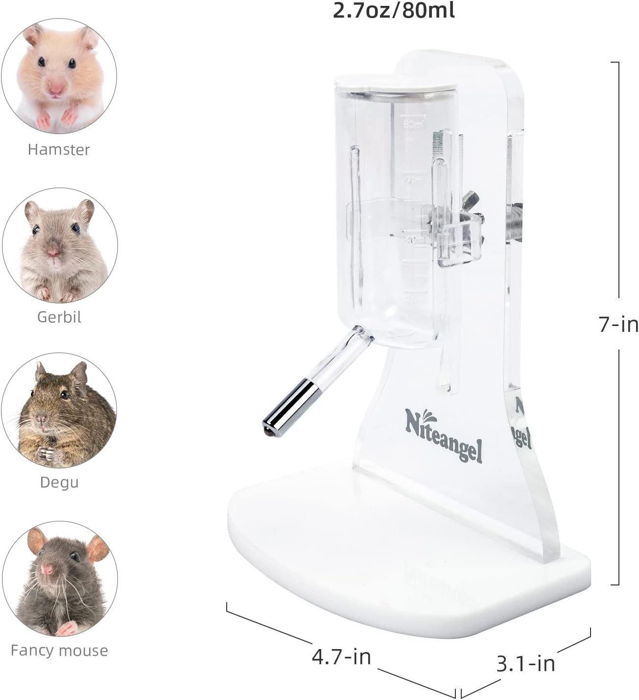 Niteangel 80Ml Hamster Water Bottle with Stand No Drip Gerbil Water Feeder Dispenser for Hamster Gerbils Mice Degus Lemming Hedgehog Small-Sized Pet image number 3
