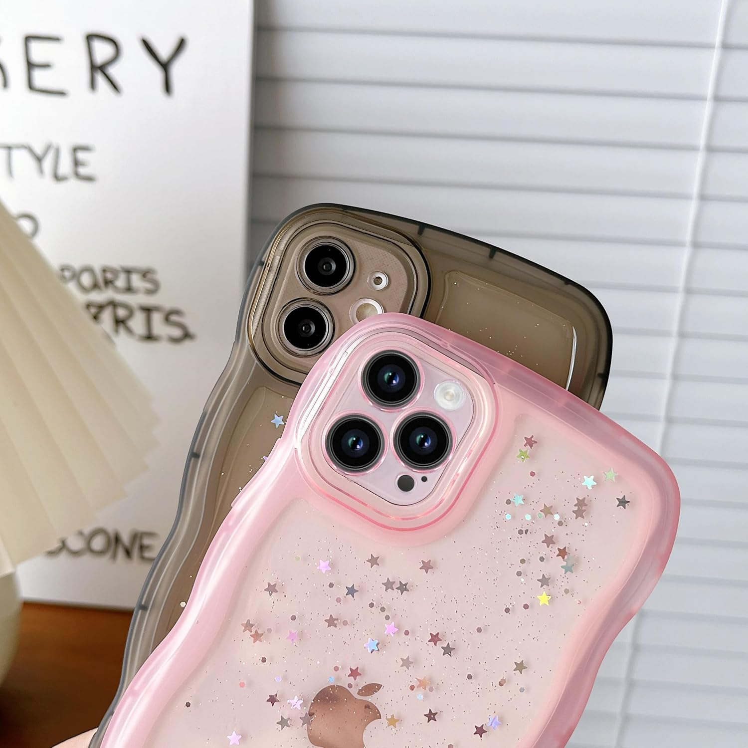 Qokey for Iphone 13 Mini Case 5.4" Curly Wave Edge Design Transparent Bling Glitter Star Shiny Cute Clear Transparent Full Protection Soft TPU Shockproof Phone Cover for Women Girls,Pink image number 5