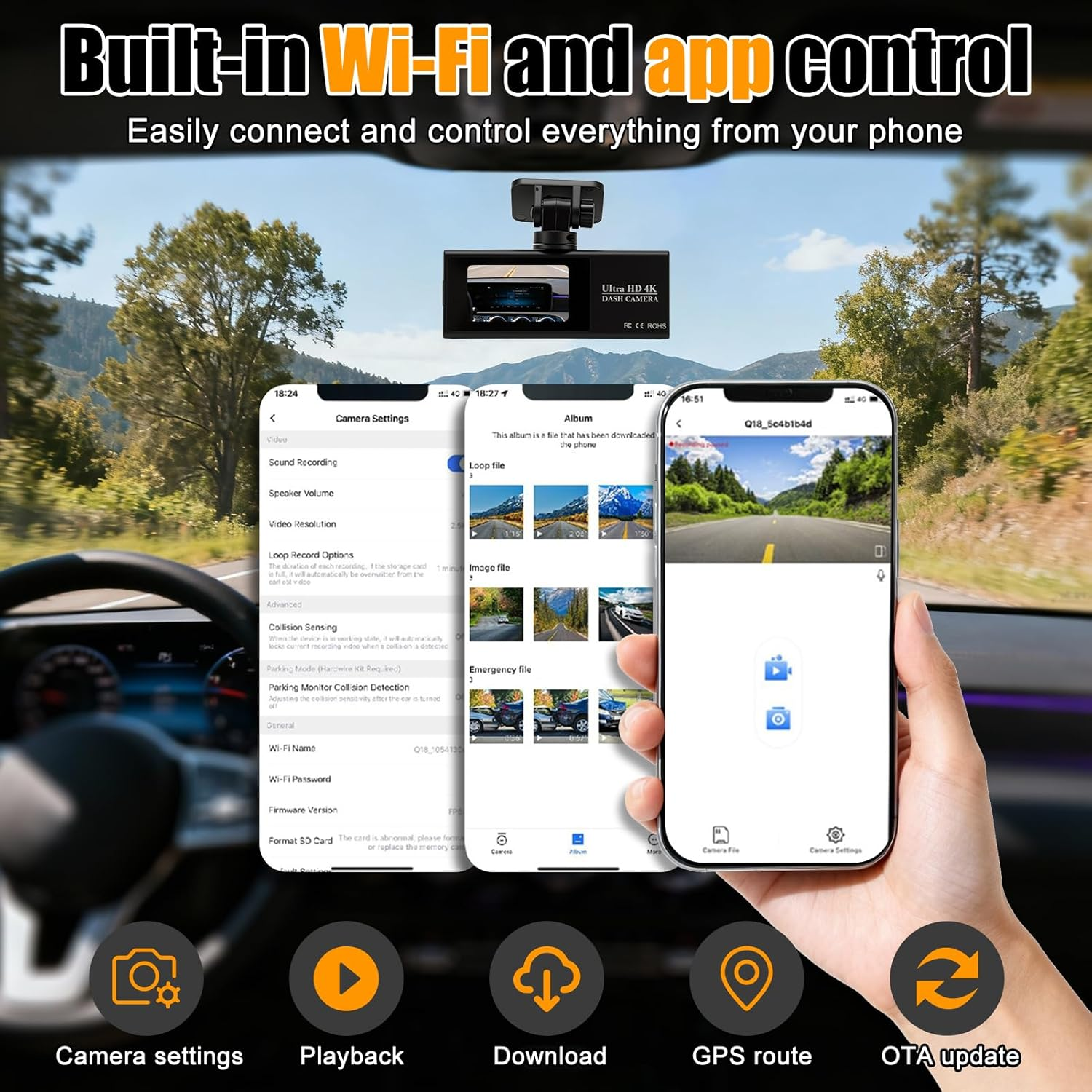4K Dual Dash Cam, Front 4K Rear 2.5K with GPS Wifi, 170&deg; Wide Angle Night Vision G Sensor, Fit for Car Driving Recorder Dash Camera Vehicle DVR