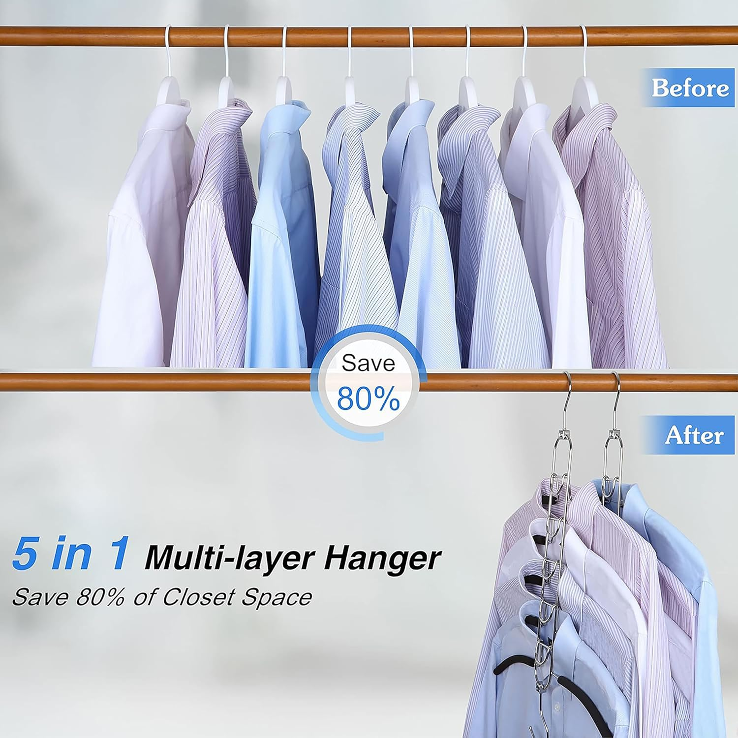 Zekroh 5 in 1 Space Saver Coat Hangers, 4 Pack Multilayer Metal Clothes Hanger anti Slip Clothes Hangers with EVA Sponge Tube, Heavy Duty Stainless Steel Hangers for Closet Storage Organizer image number 2