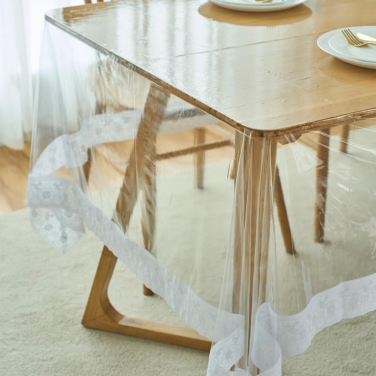 RETON PVC Clear Plastic Tablecloth Protector, Rectangle Waterproof Vinyl Clear Plastic Tablecloth with White Lace Edge, Transparent Table Cover for Dining Tables Kitchen Home (60X92 In) image number 6