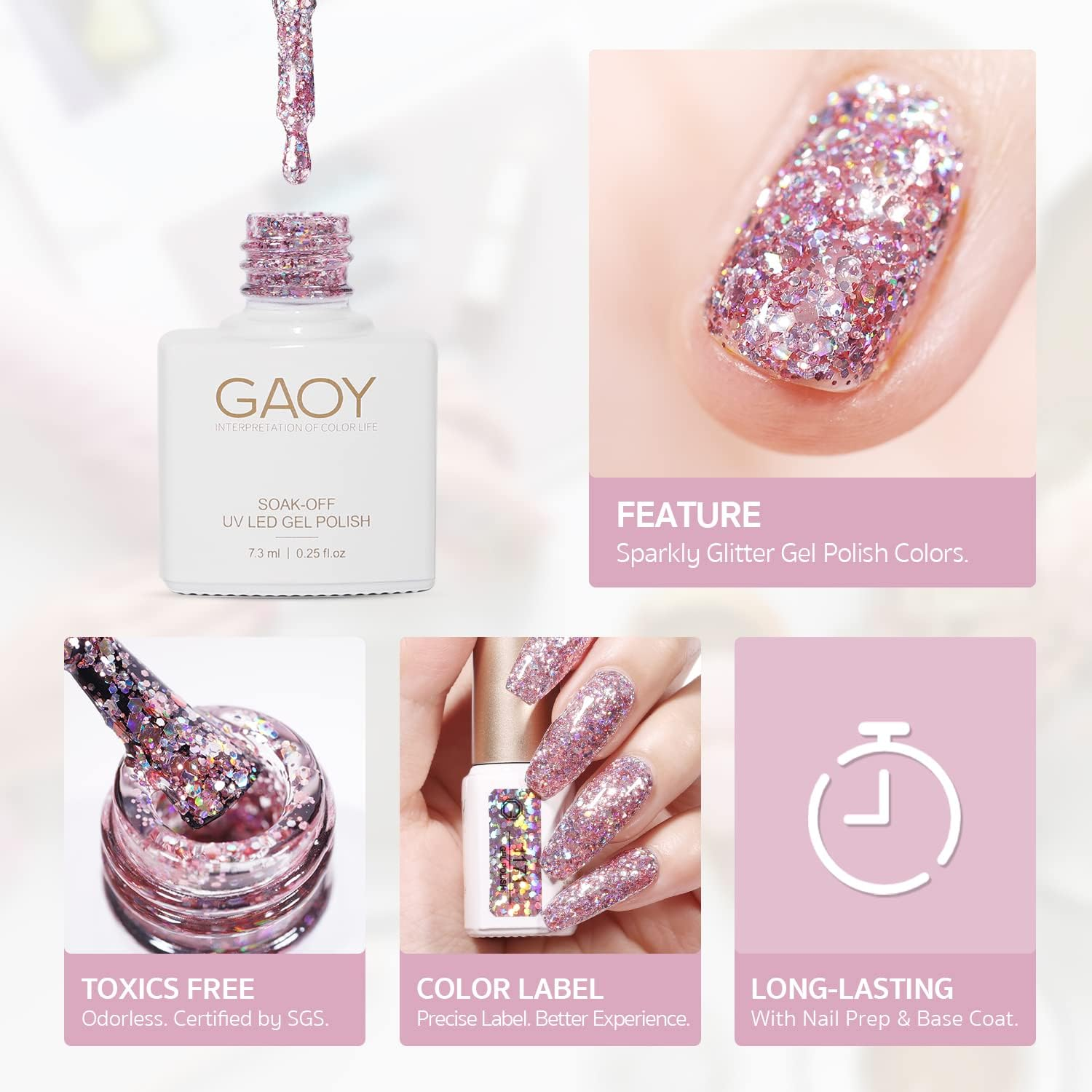GAOY Glitter Inspire Gel Polish Kit Set, 6 Colors Including Pink Nude UV LED Soak off Nail Polish Home DIY Manicure Nail Salon Varnish image number 4