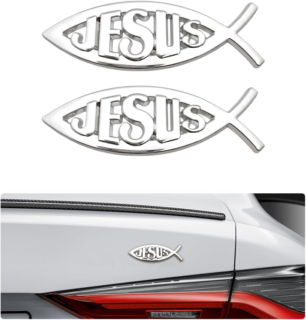 DXNQ 2PCS Jesus Fish Decal Sticker, 3D Car Decal Jesus Christian Fish Symbol Chrome Emblem, Faith Fish Stickers Religious Metal Badge Auto Decor for Truck Motorcycle Fridge (Silver)