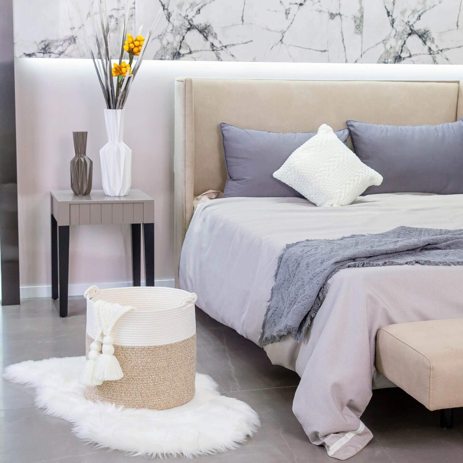 MINTWOOD Design 15 X 14.2 Inches Woven Cotton Rope Storage Basket, Stuffed Toy Basket Bin, Laundry Basket Hamper, Nursery Basket, Dog Toy Basket, Blanket Basket, Gift Basket, Light Brown - Creamy White image number 3