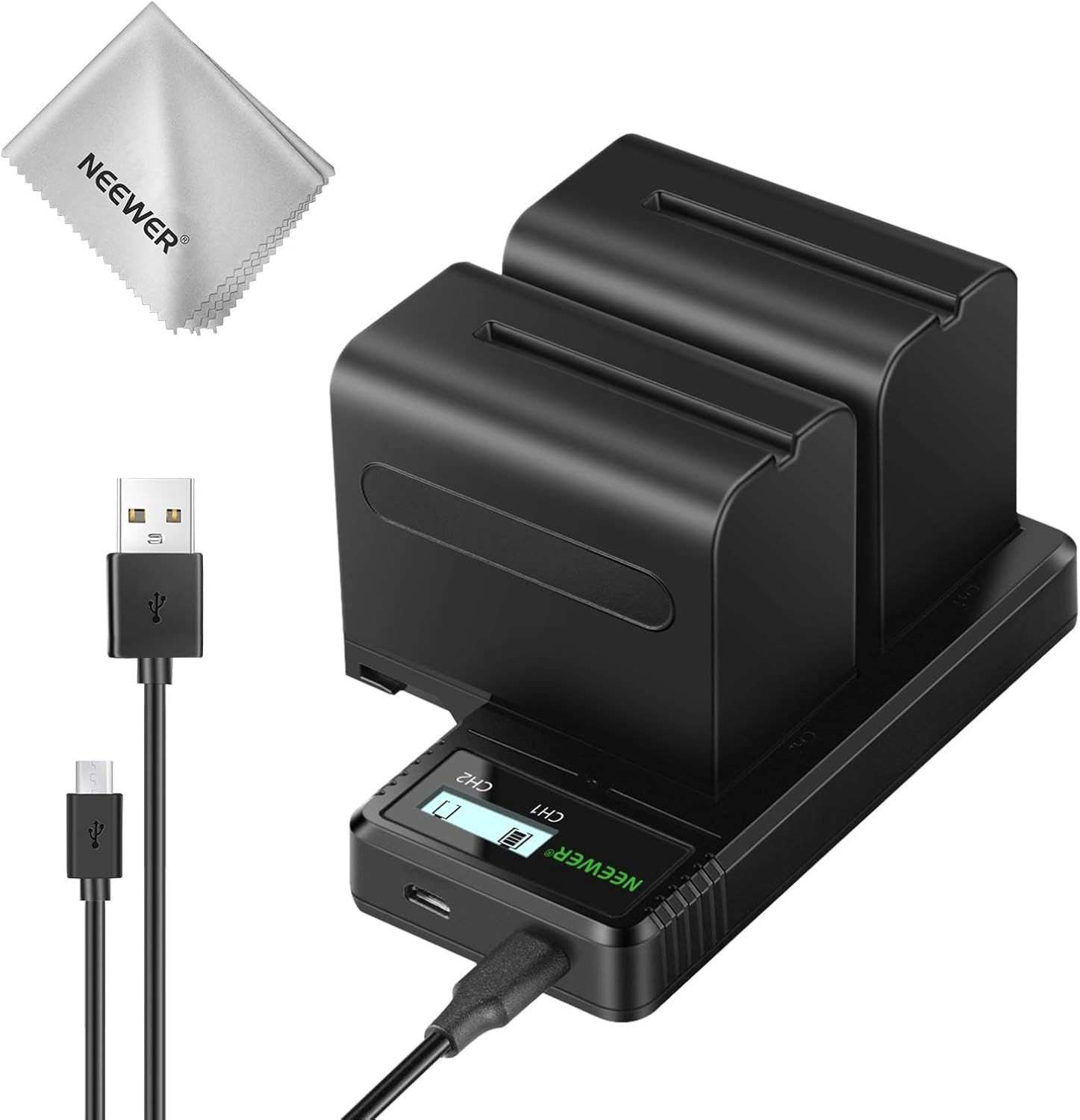 NEEWER 2Pcs NP-F970 7800Mah Replacement Batteries with Charger/Cleaning Cloth, Compatible with Sony NP-F970 F960 F950 F770 F750 F570 F550 FX3 FX30 A7 Canon R5 Nikon Z8 Cameras, for Handycam LED Light image number 3