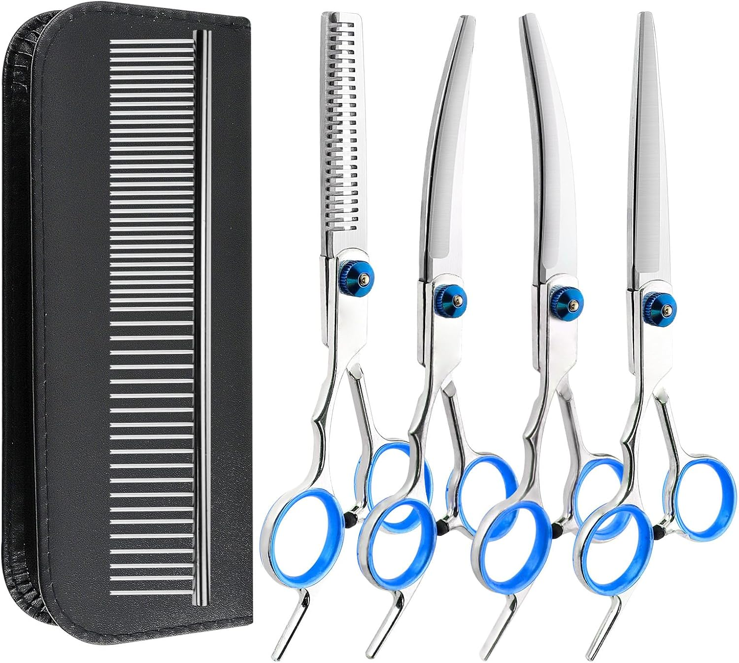 Dog Scissors, 5-In-1 Dog Scissors Set, Dog Shears, Curved, Stainless Steel Dog Grooming Set, with Steel Comb and Leather Case for Dogs, Cats, Pets image number 4