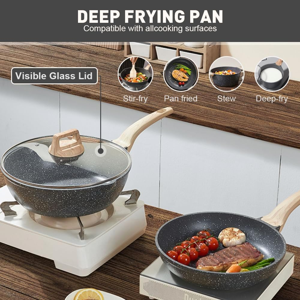 Sonicefit Nonstick Pots and Pans Set, 7PCS Induction Healthy Cookware Set with Saute Pan Saucepan Casserole Frying Pan, Non-Toxic Kitchen Cooking Set for All Stoves, PFAS & PFOA Free (Black-7Pcs) image number 1