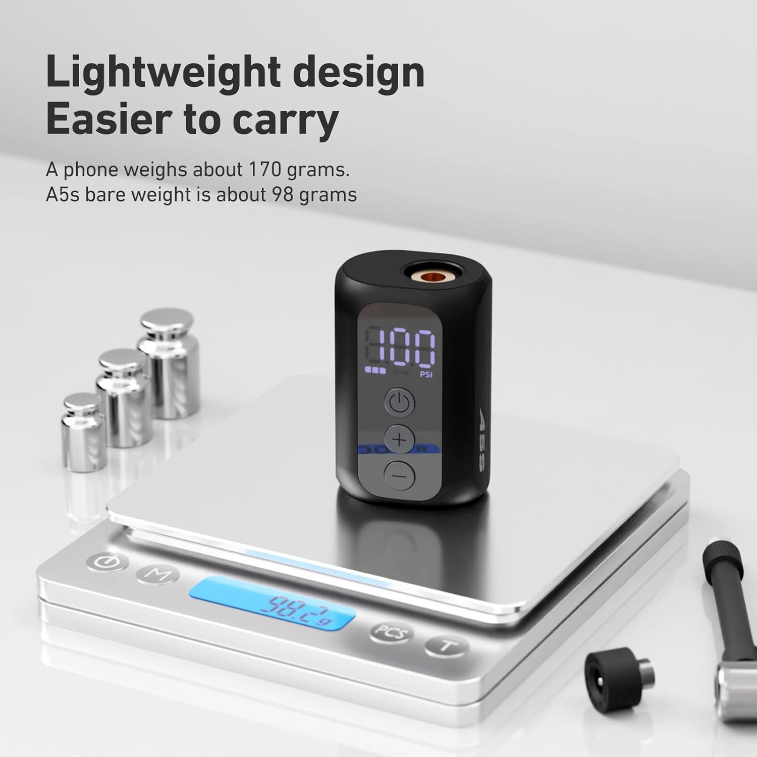 A5S Mini Tiny Bike Pump with Gauge, 100PSI Electric Bicycle Air Pump, Auto Stop, Presta and Schrader Valve Aluminium Portable Tire Inflator for All Bike, Motorcycle, Type-C Rechargeable image number 5