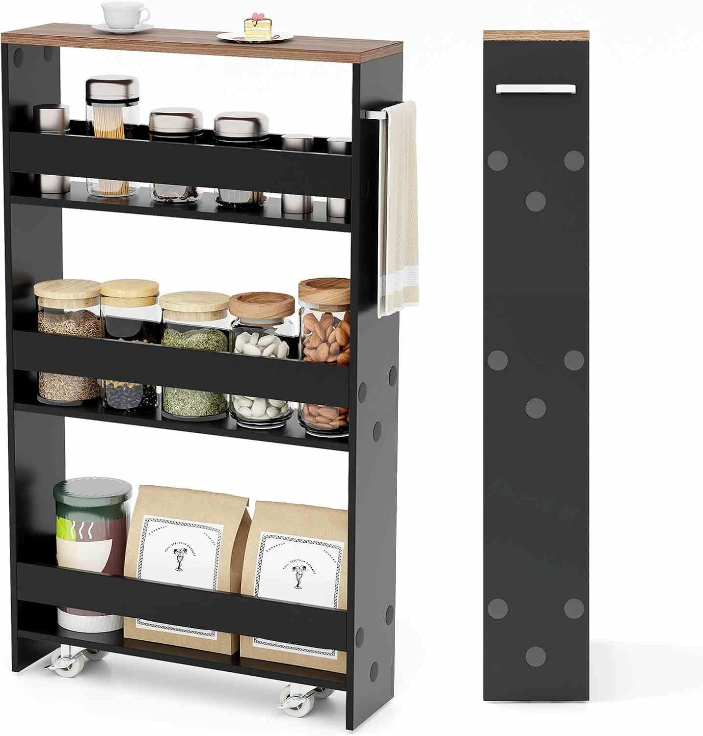 Costway Slim Storage Cart W/Handle, 4-Tier Slide Out Utility Cart, Shelving Unit Organizer Trolley for Narrow Places, Perfect for Laundry, Kitchen, Living Room (Rustic Brown+White)