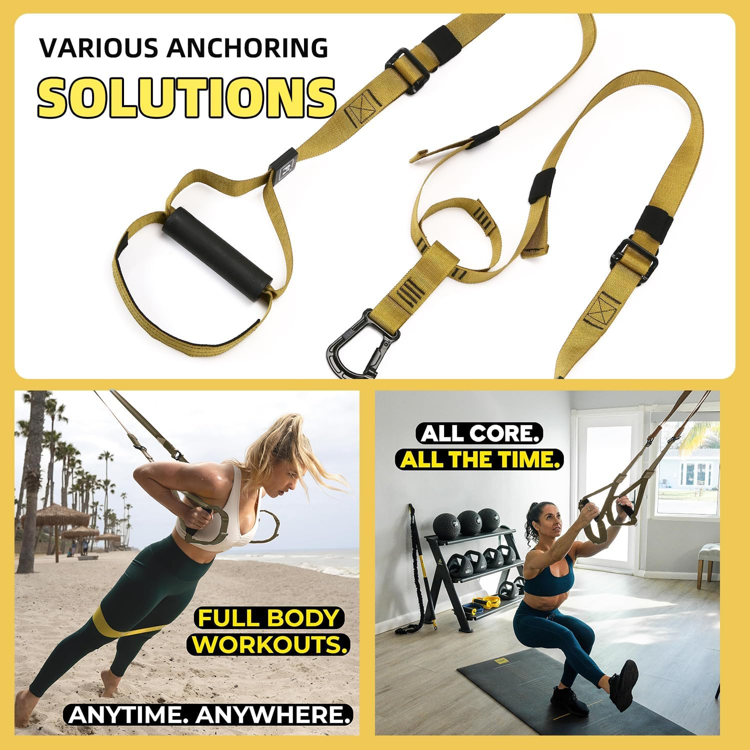 Boutsady Suspension Trainer Kit - Adjustable 1-4M Fitness Bands with Door Anchor, Yoga Resistance Straps, Pull Rope for Home Gym & Outdoor Full-Body Workout, Includes Foot Loops, Handles, Mesh Bag - Black Yellow image number 2