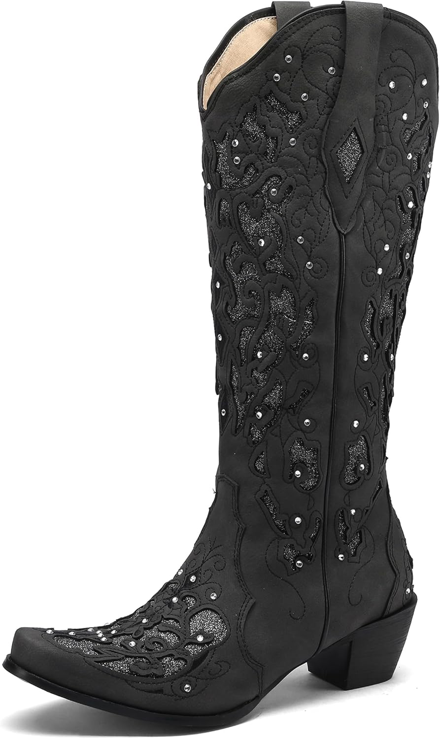 Sarairis Cowboy Boots for Women Cowgirl Boots Western Boots Chunky Heel Pointed Toe Pull on Rhinestones Embroidered Knee High Boots Mid Calf Boots