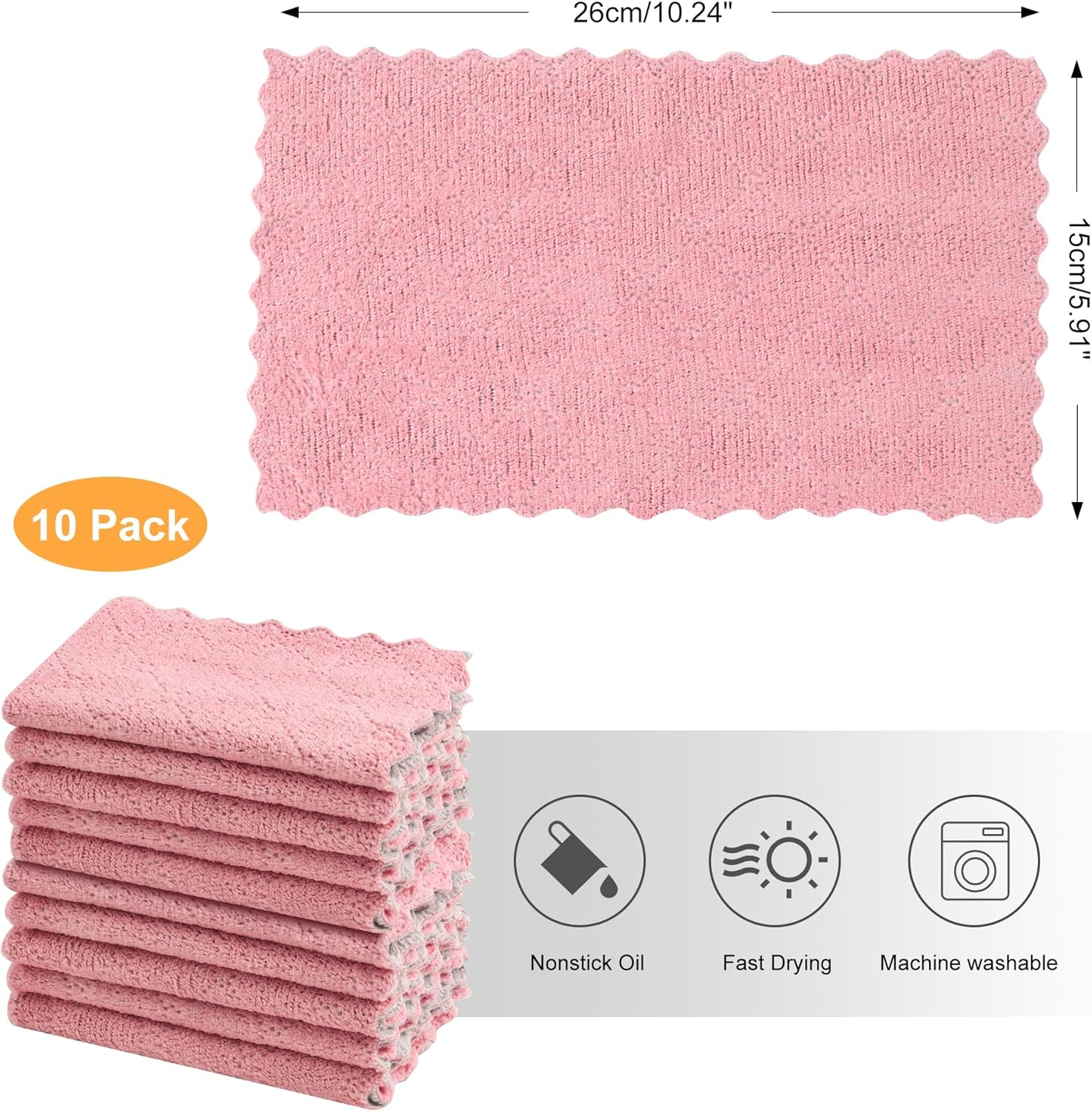 TECDW 10-Pack Kitchen Dish Cloths,Ultra-Soft Super Absorbent Lint-Free Cleaning Towels,Oil-Resistant Coral Velvet Dish Cloth for Washing Dishes,Wiping Countertops (16&times;27Cm/6.3&times;10.6Inch,Pink)