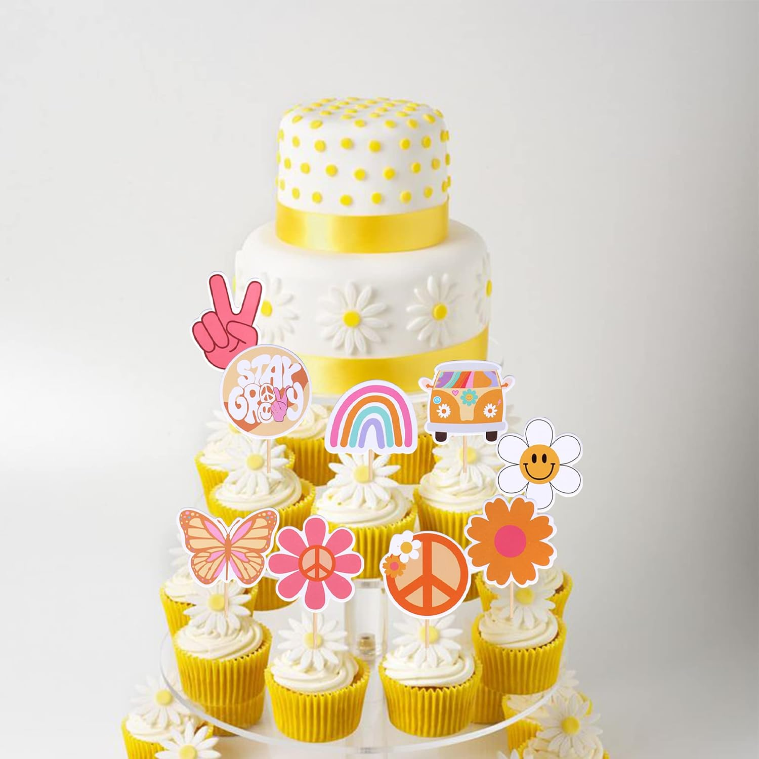 SYKYCTCY 36 Pack Hippie Party Cupcake Toppers Peace Sign Hand Butterfly Two Groovy Cupcake Picks Flower Bus 60S Retro Boho Cake Decorations for Hippie Two Groovy Carnival 2Nd Birthday Party Supplies