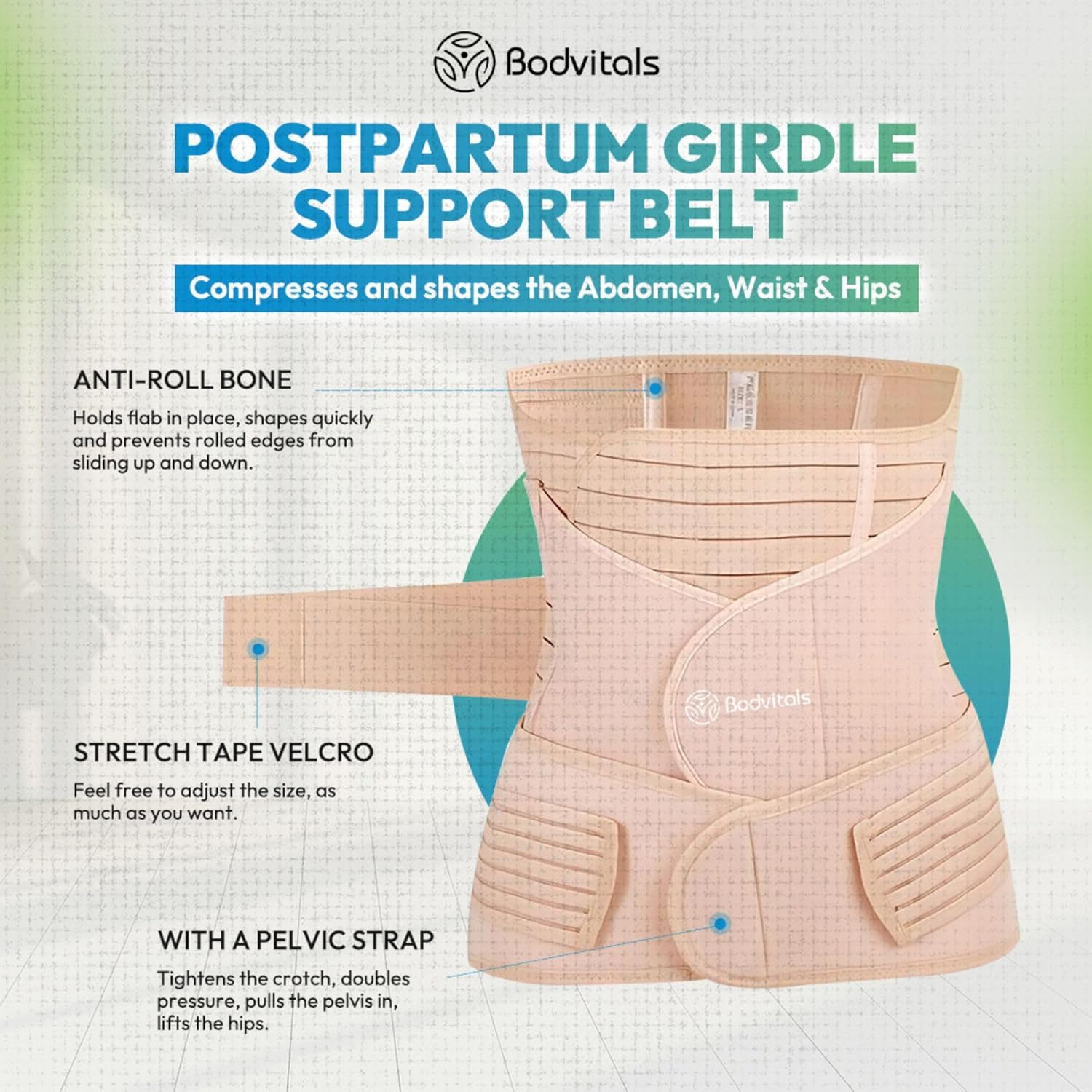 BODVITALS 3-In-1 Postpartum Belt | after Delivery Belly/Waist/Pelvis Shapewear | Tummy Control Slimming Girdle | Body Shaper Belt for Postnatal Recovery, C-Section, and Pelvic Support (Beige, L) image number 6