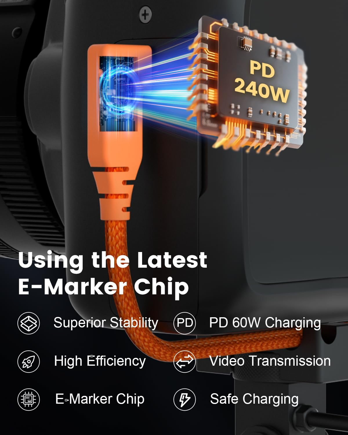 USB C Tethering Cable 5M, Right Angle USB 4 Video Cable with PD 240W, 4K@60Hz 20Gbps Link Cable for Fast Transfer and Connection between Camera and Computer-Sony A7Iv/Canon R5/Macbook Pro (Orange) image number 5