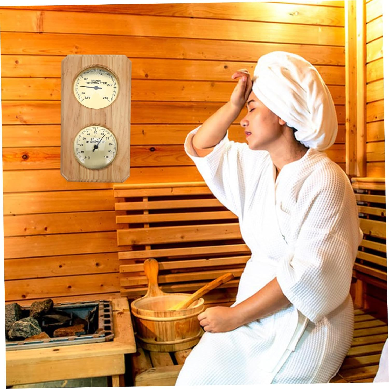 COHEALI High Temperature Resistant Sauna Hygrothermograph Wooden Wall-Mounted Indoor Temperature Humidity Gauge for Sauna Rooms and Swimming Pools Metal Construction Precise Analog image number 3