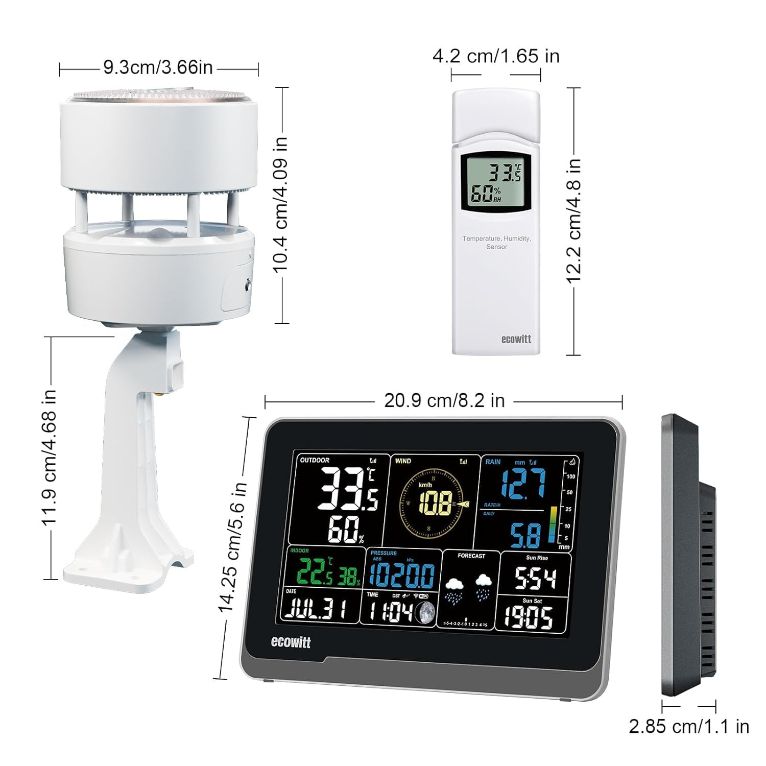 ECOWITT Weather Station WS3912, Includes WS3910 7.5'' LCD Display with CO2 Sensor, and WS85 (Solar Panel/Rain Gauge/Wind Speed/Direction Sensors), and WN32 Outdoor Temperature-Humidity Sensor, 433 Mhz image number 6