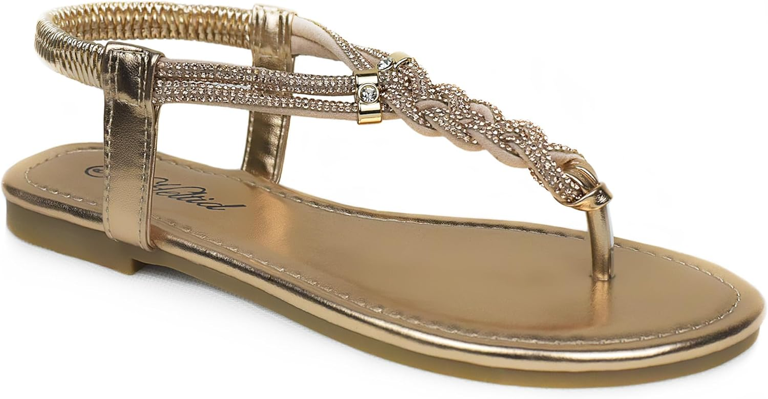 Women'S Braided Rhinestone Thong Flat Sandals Elastic Ankle Strap Bohemian Dressy Sandals for Women