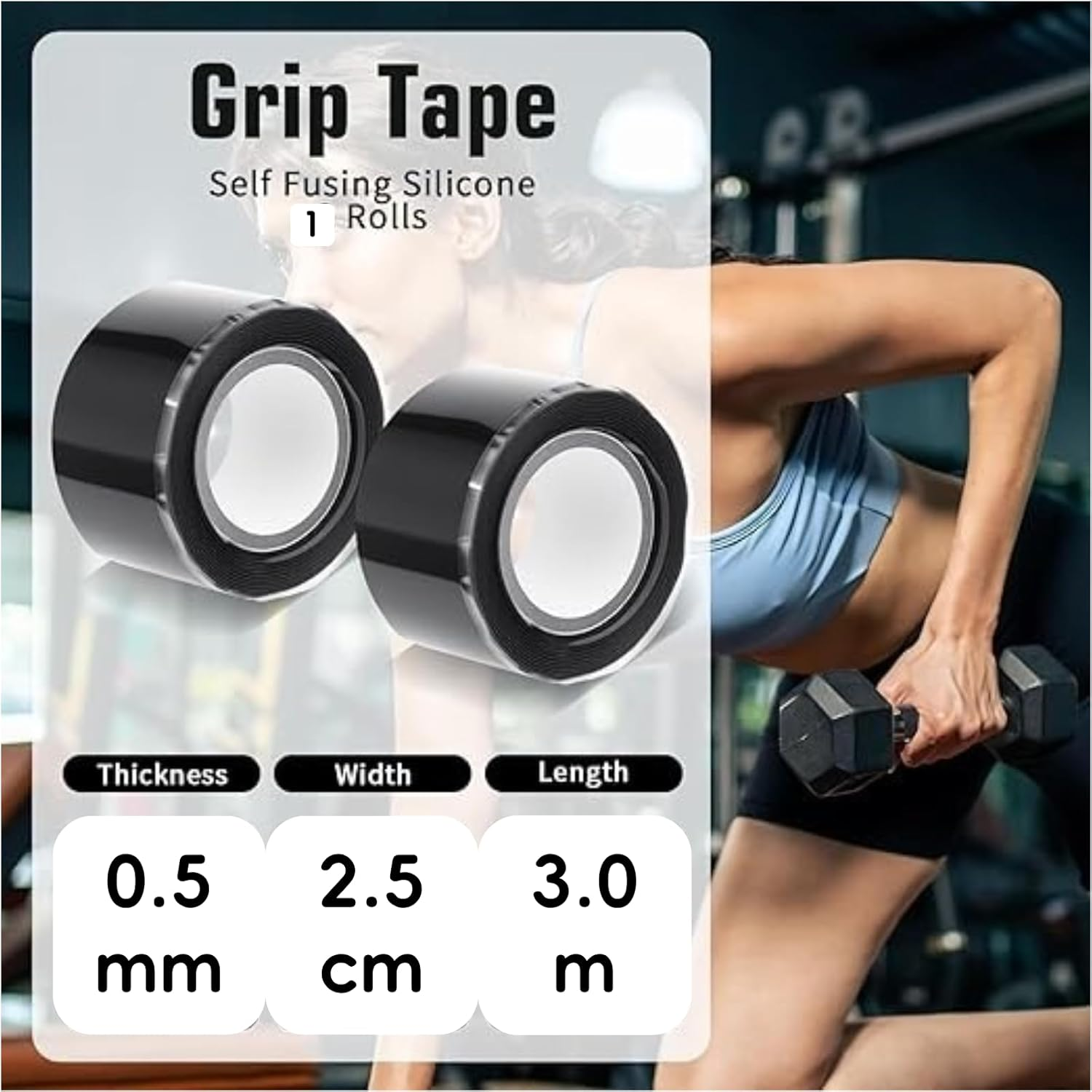 Abeillo Silicone Grip Tape Self Fusing Tapes Handles Wrap Tape，2.5Cm Wide by 3M Long, for Tennis Softball Hockey Fishing Pole Racket Shock Absorption, Black