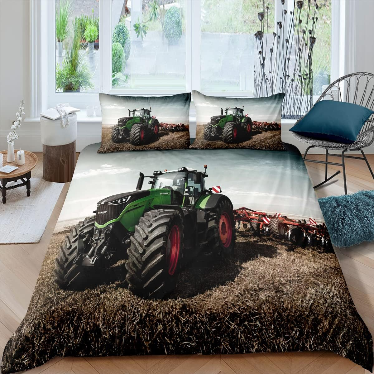 XPINGO Children'S Bed Linen Tractor 135 X 200 Cm 2-Piece Boys 100% Microfibre Summer Soft Winter Warm Duvet Covers with Zip 3D Tractor Duvet Cover with Pillowcases 80 X 80 Cm