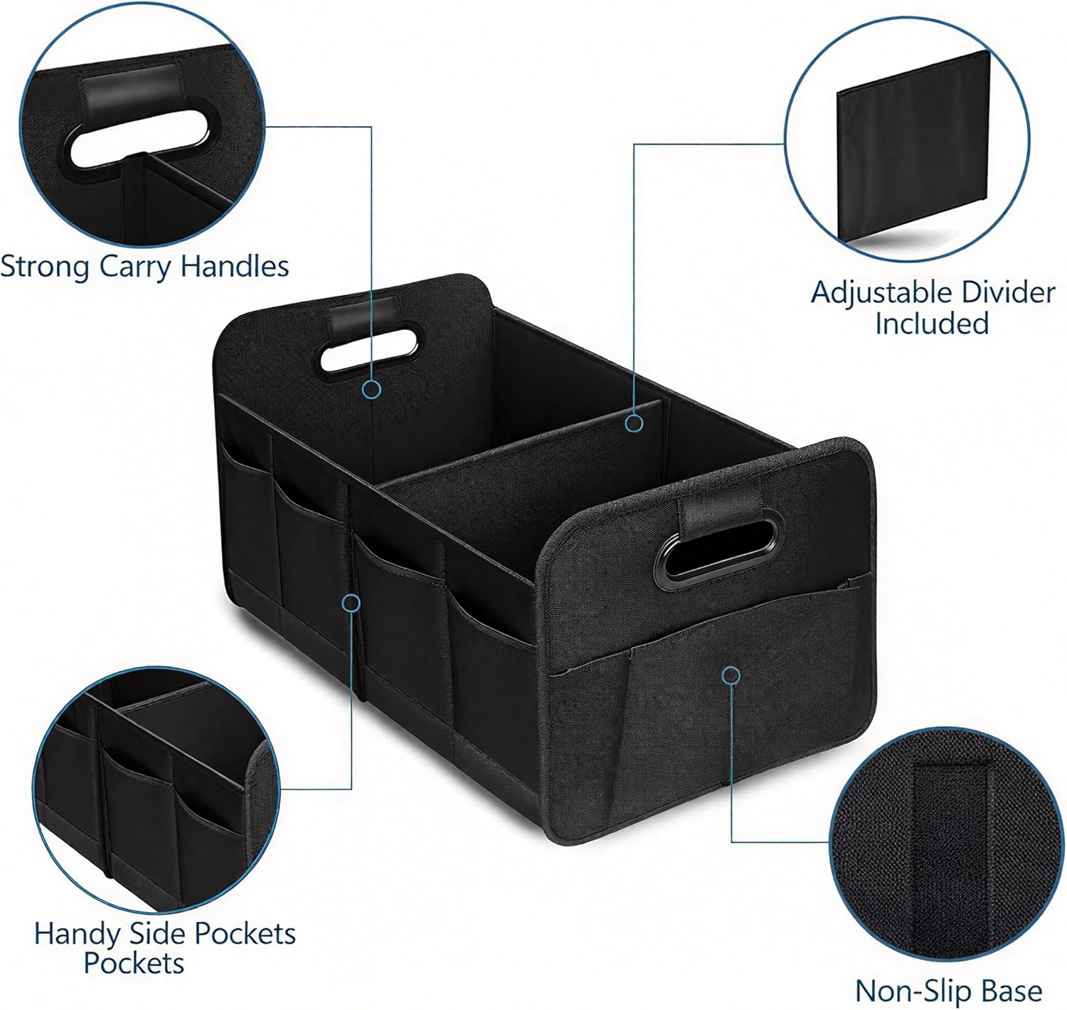 Car Boot Organiser Non-Slip - Large Collapsible Trunk Storage Box for SUV & Groceries - Heavy Duty Oxford Fabric Cargo Tidy with Dividers (Black) - Black image number 4