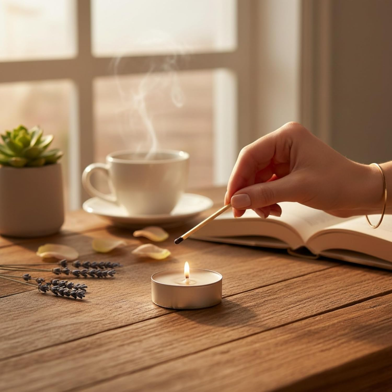 MIJOMA Coloured Tea Lights Pack of 30 - Set of 3 Packs - 4 Hours Burn Time Each - Decorative Candles in Kraft Box - Mood Light for Home & Events (Sand) image number 5