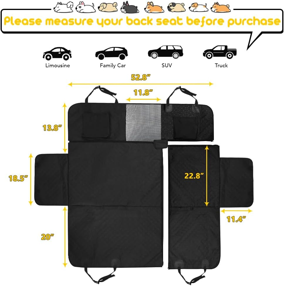 Vailge 6 in 1 Dog Car Seat Cover for Back Seat, 60/40 Split 100% Waterproof Dog Car Seat Covers with Mesh Window, Scratch Prevent Antinslip Dog Car Hammock, Standard image number 2