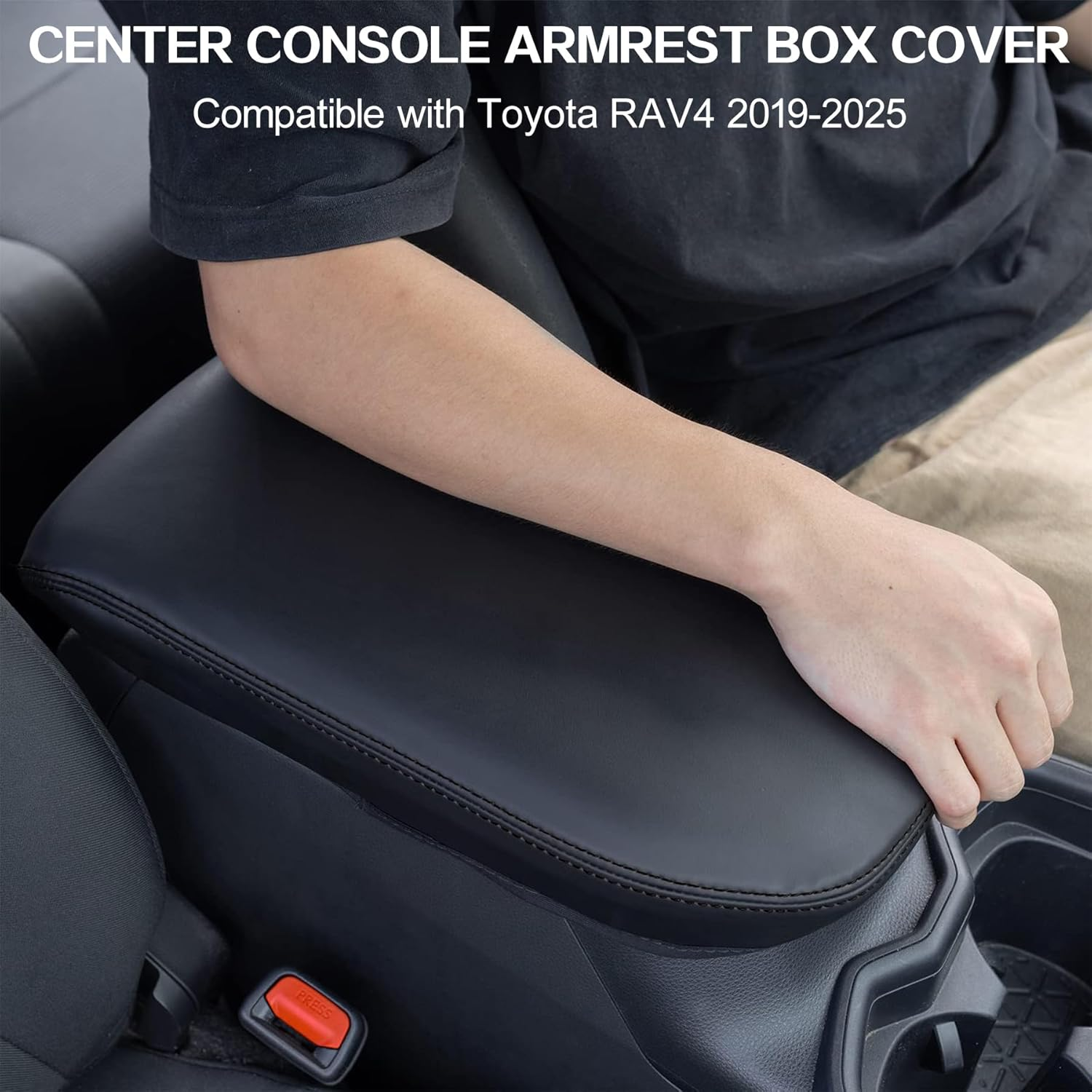 Center Console Cover for Toyota RAV4 2025-2019 Interior Accessories, Leather Car Armrest Cover with Towels, Middle Console Storage Box Pad Protector with Towels (Black) - Black image number 3