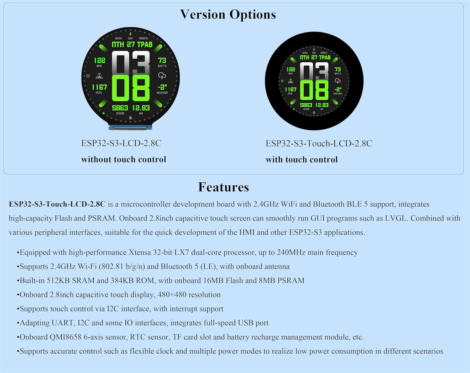 Ueekkoo ESP32-S3 2.8" round Display Development Board, 480X480 Resolution IPS Display, 32-Bit LX7 Dual-Core Processor, Wifi & BLE, Single Board Computer image number 1