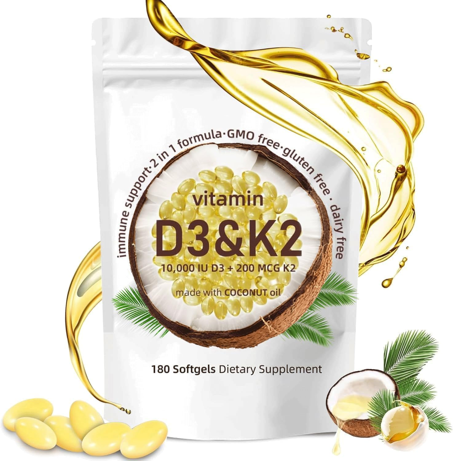 2 in 1 Vitamin D3 Supplement 10000 IU for Immune System & Bone Health Support, Non-Gmo, Gluten Free, Easy to Swallow Softgels (180 Count) image number 1