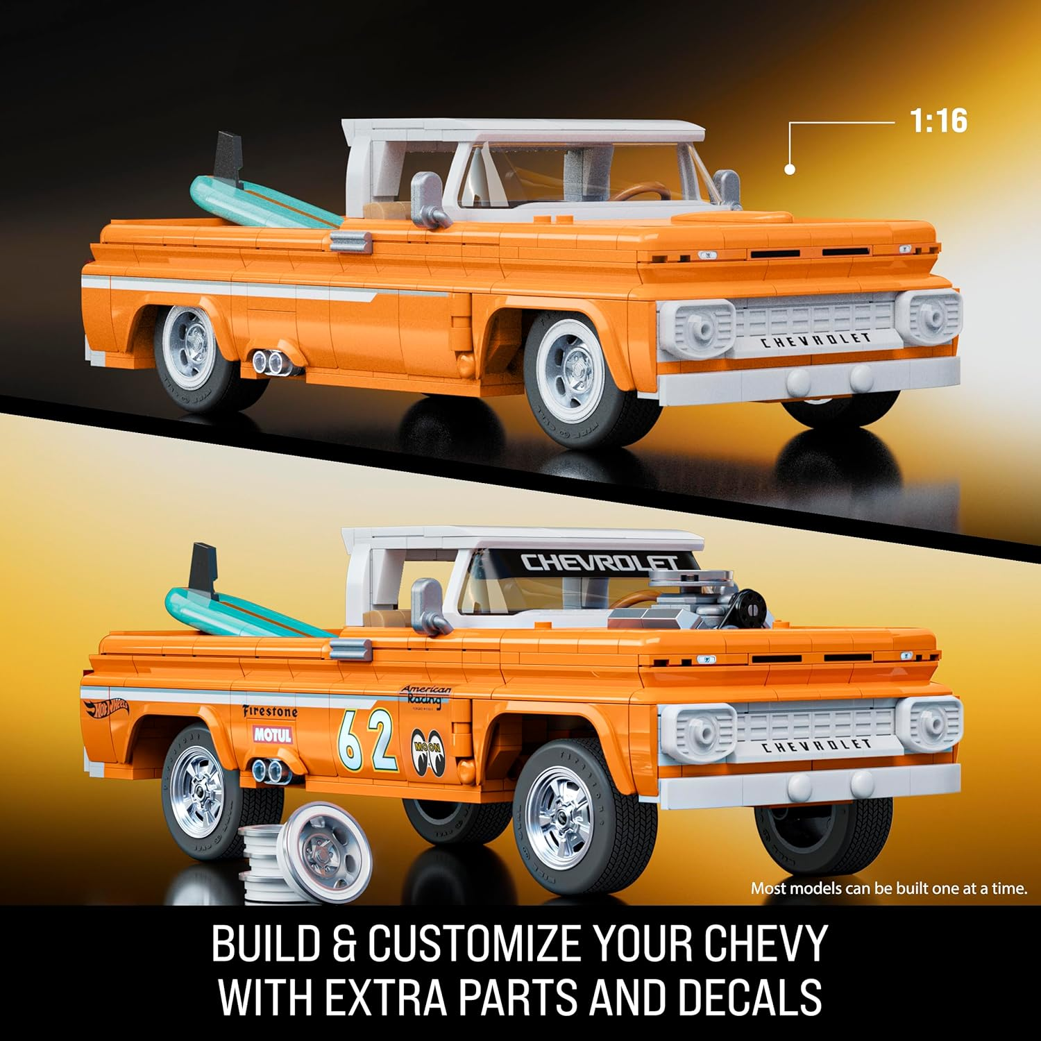 Mattel Brick Shop Hot Wheels Elite Series Building Set, Custom &rsquo;62 Chevy Pickup with 858 Pieces, Realistic Details and Custom Decals, Adult Collectors and Kids Ages 10+ image number 4