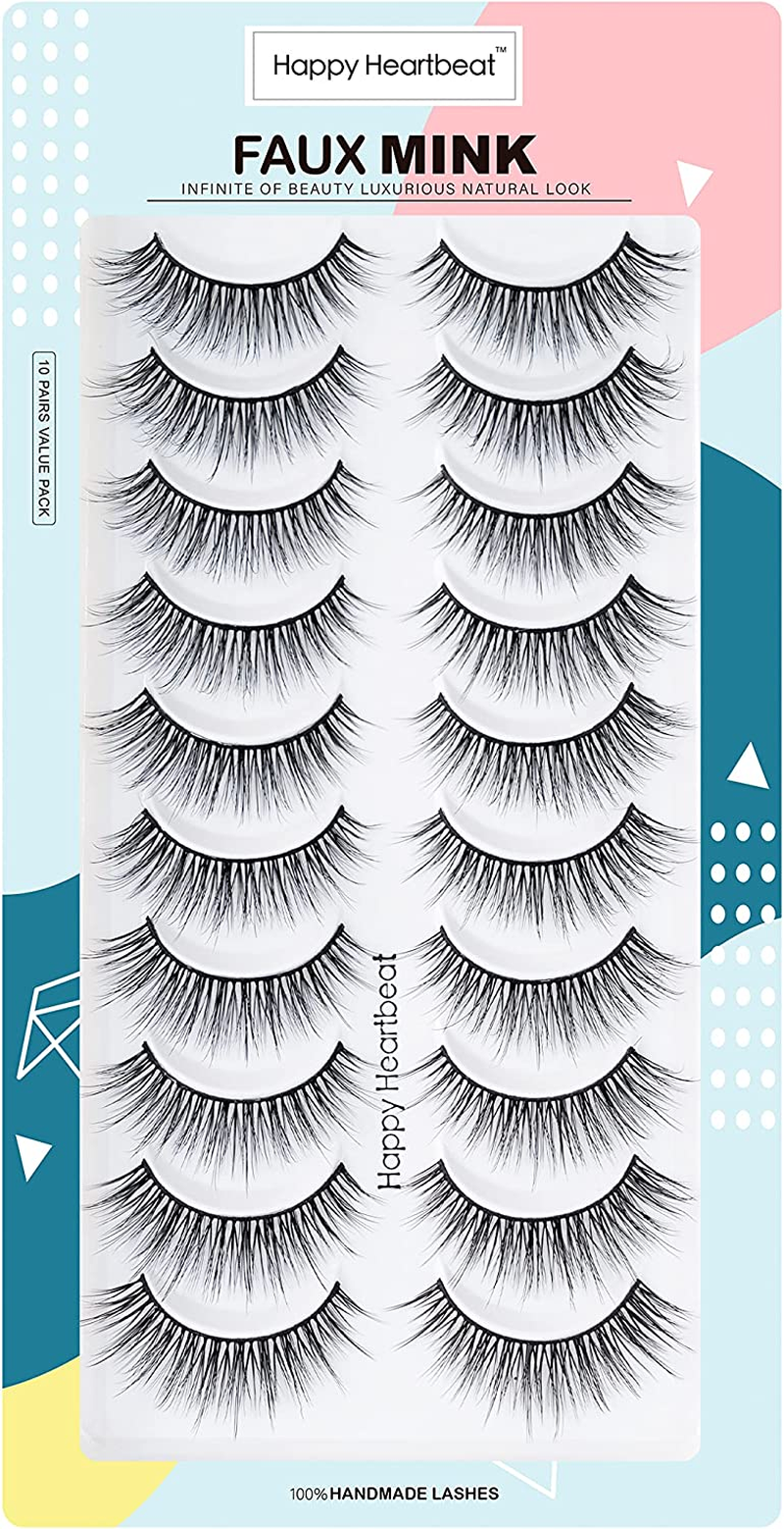 3D False Lashes Wispy Natural Cat Eye Soft Faux Mink Lashes Fluffy Short Reusable Fake Eyelashes 10 Pairs Happy Heartbeat(H2)