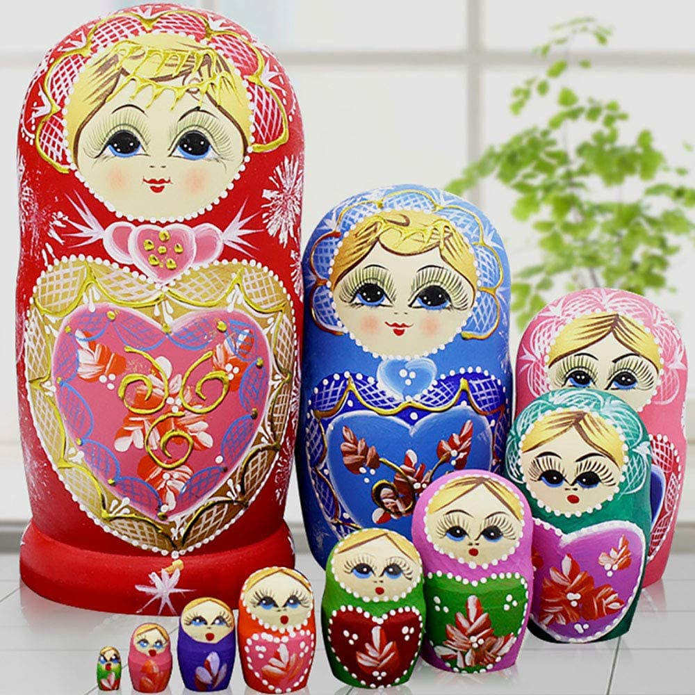 Russian Nesting Dolls Matryoshka Wood Stacking Nested Set 10 Pieces Handmade Toys for Children Kids Christmas Mother'S Day Birthday
