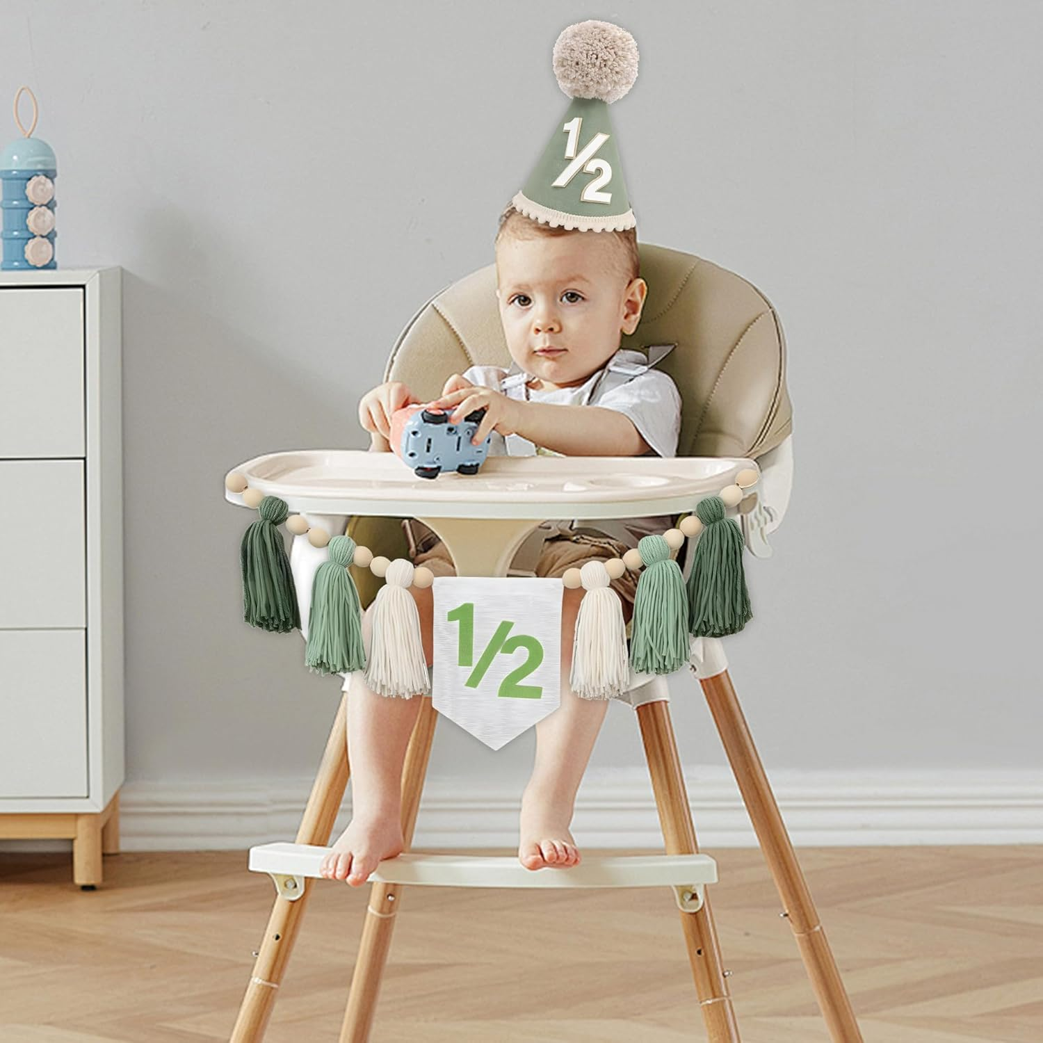 Half Birthday Hat for Baby, Includes Burlap 1/2 Year Old Party Hat and High Chair Banner for Boys & Girls, 6-Month Celebration, Photo Shoot & Birthday Party Decor