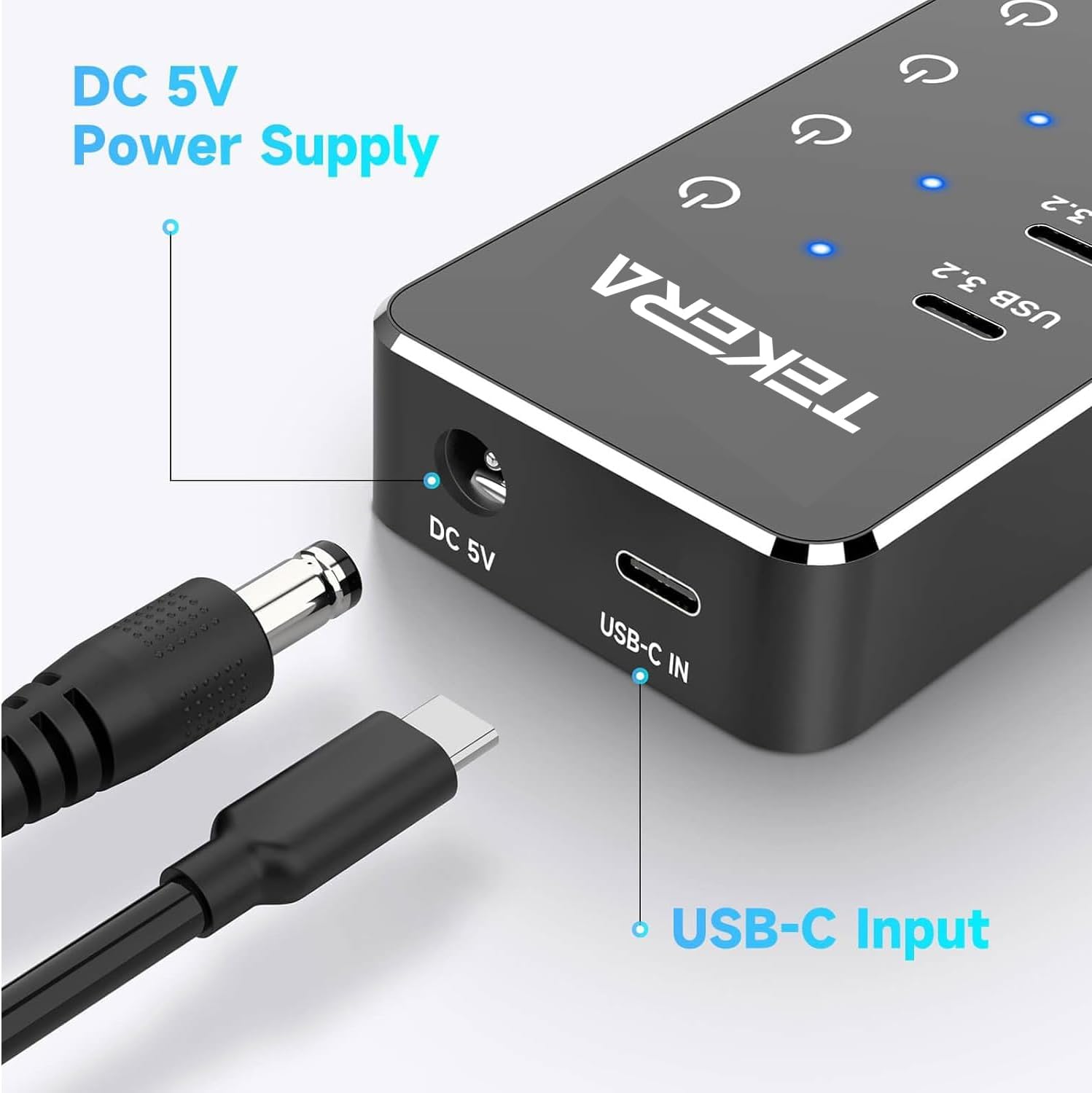 7-Port Powered USB 3.2/USB-C Hub Splitter with 3 X 10Gbps USB-3.2 Ports (2C + 1A),4 USB-3.0 Ports (2C + 2A), 3.3Ft Cable, Touch Switches, and 5V Power Adapter for Laptop PC