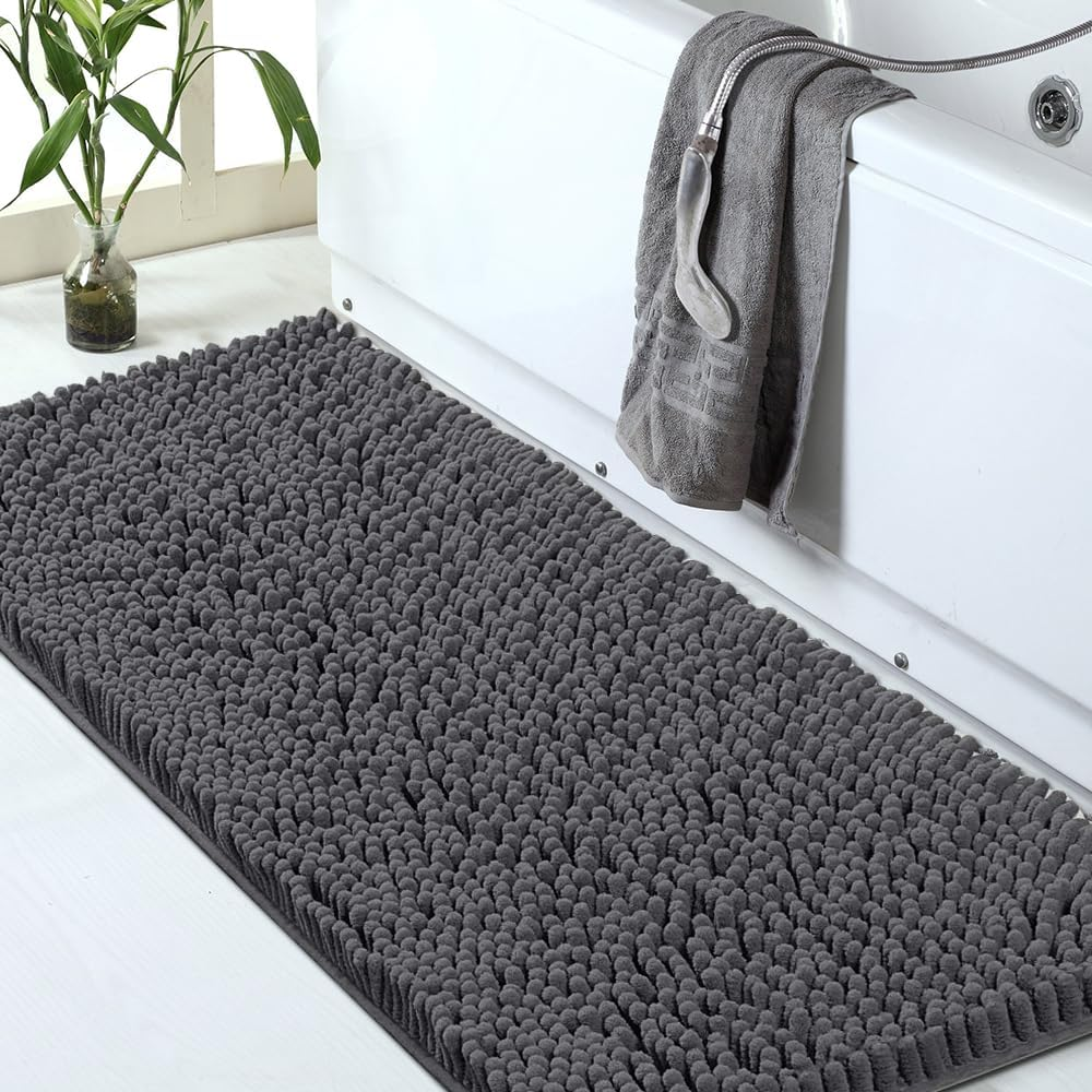 Bathroom Rug Mat Non Slip Black Extra Long Bath Mat for Bathroom Floor - Fluffy Soft, Ultra Absorbent and Machine Washable Striped Chenille Noodle Bath Runners Rugs for Bathroom (59" X 20", Black)