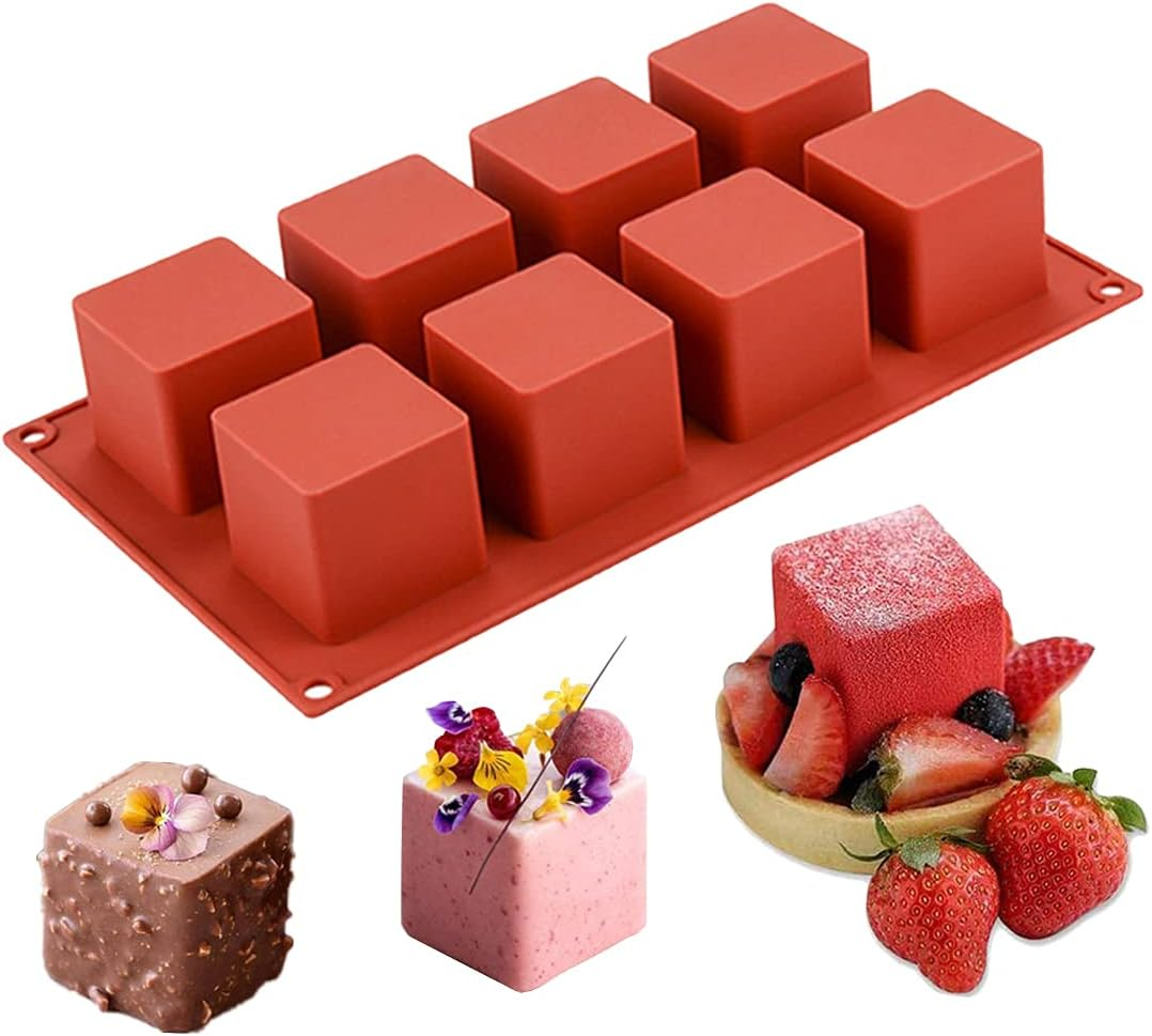 JOERSH Cube Cake Silicone Mold | 2" X 2" X 2" 3D Square Mousse Cake Baking Mold, French Dessert Molds for Chocolate Brownie Bites, Pastry, Jello, Ice Cream Cube, 8-Cavity