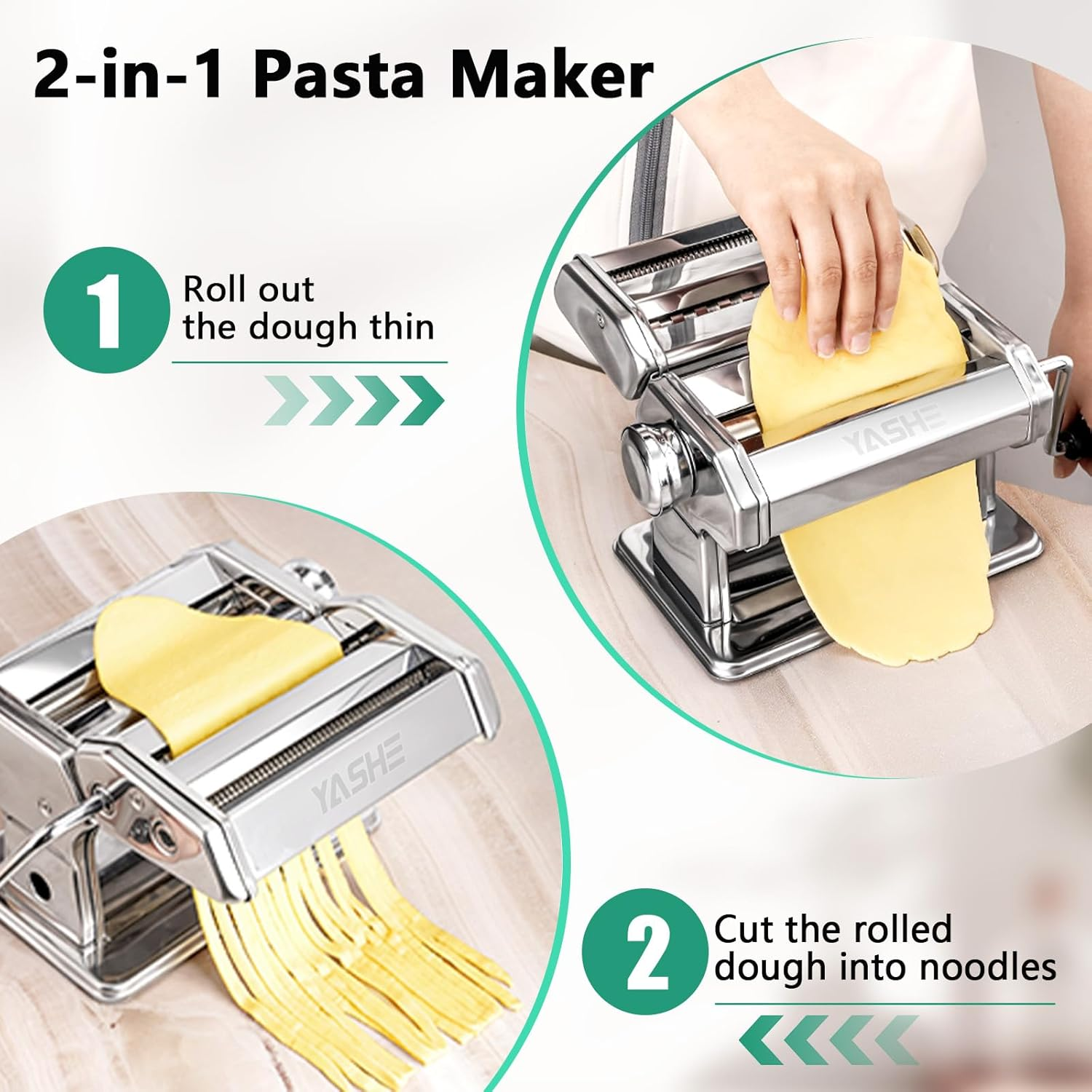 YASHE Pasta Machine, Manual Pasta Maker, 7 Adjustable Thickness Settings and 2 Width Dough Cutter, Homemade Noodle Dumpling Skin Spaghetti image number 2