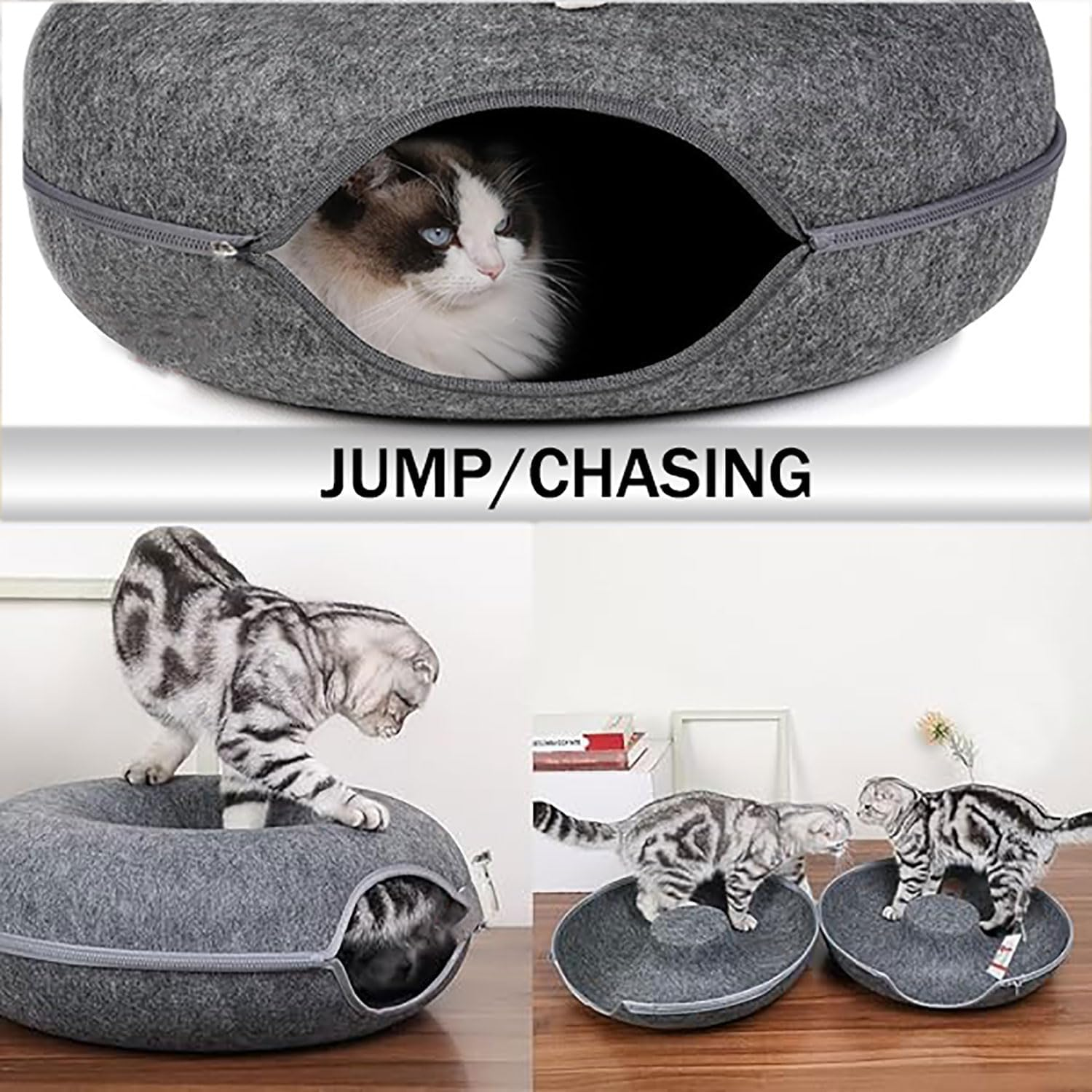 Yqkangzhu Cat Cave and Tunnel Bed for Multiple Large Cats up to 9 Lbs, 20*20*8 Inch Peekaboo for Indoor Cats, Scratch Detachable and Washable Meow Mansion Donut Bed (M) image number 5
