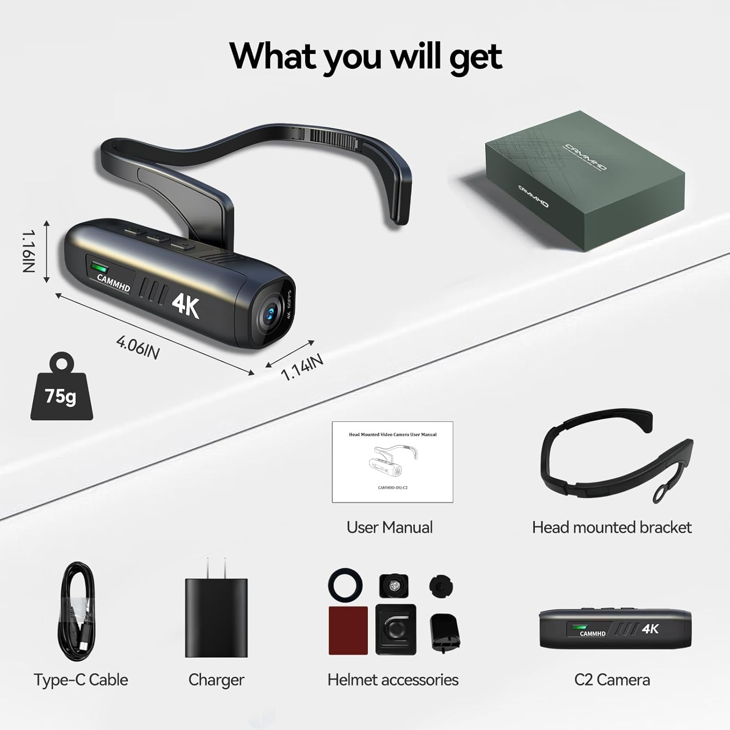 CAMMHD 4K Action Camera, Anti-Shake Helmet Camcorder with 6-Axis Gimbal Stabilizer, Wi-Fi APP Control, Head Wearable Video Camera Recorder for Vlogging Travel Sports