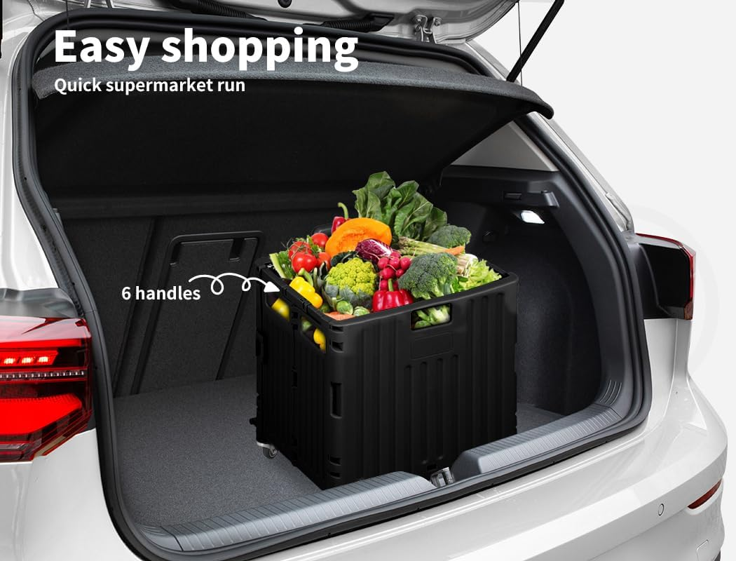 65L Shopping Trolley Cart Foldable Grocery Carts with Lid Collapsible Pack & Roll Folding Grocery Basket Crate Handcart Portable 4 Omni-Directional Wheels Aluminum Telescopic Handle (Black) - Black image number 3