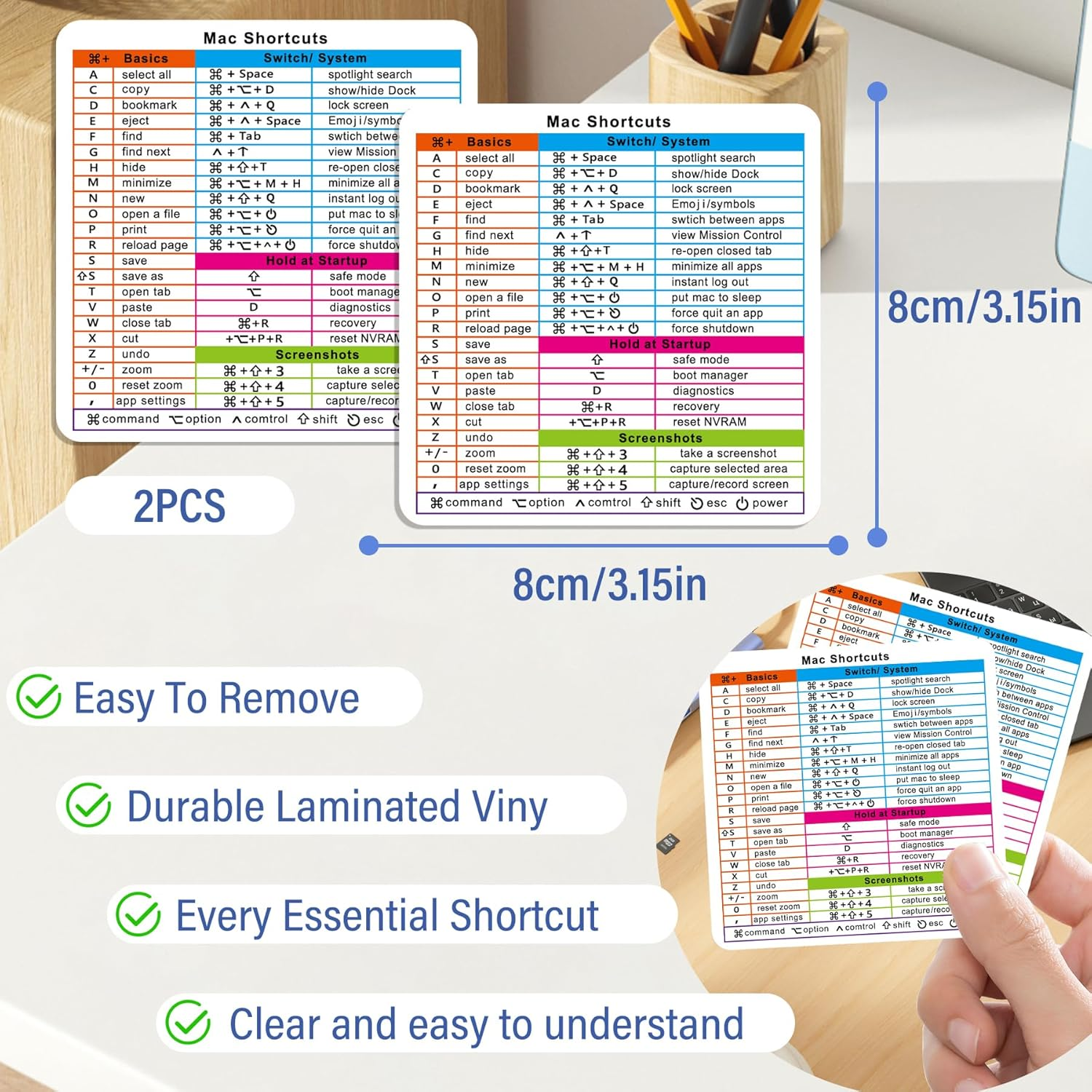 EKIND Mac Shortcuts Stickers, Mac Quick Reference Guide Keyboard Shortcut Stickers for Macbook, Laptop Accessories (Two Sheet Same, White) image number 1