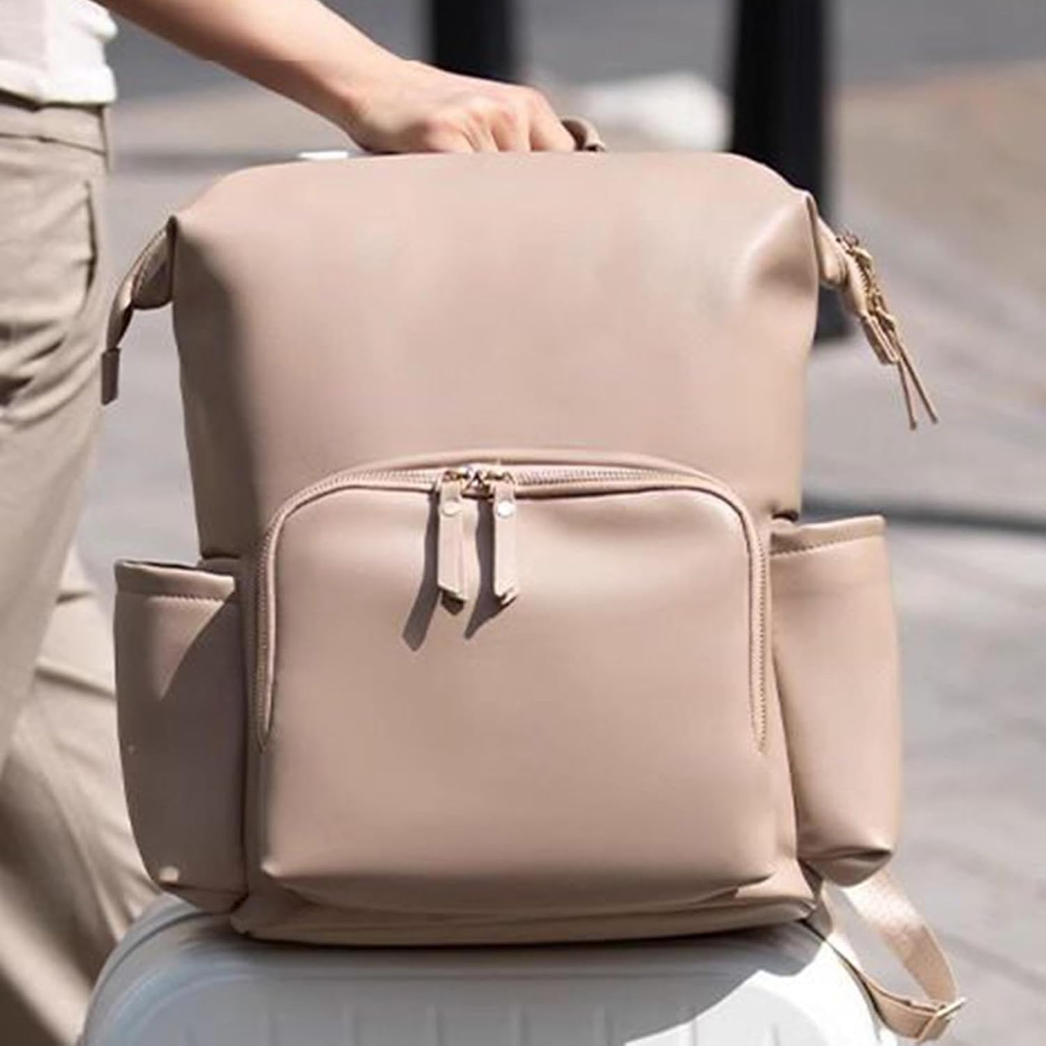 Diaper Bag Leather, Toddler Bags, Water-Resistant Travel Toddler Diaper Backpack Fashion PU Leather Mommy Daypack for Unisex (Khaki) image number 1