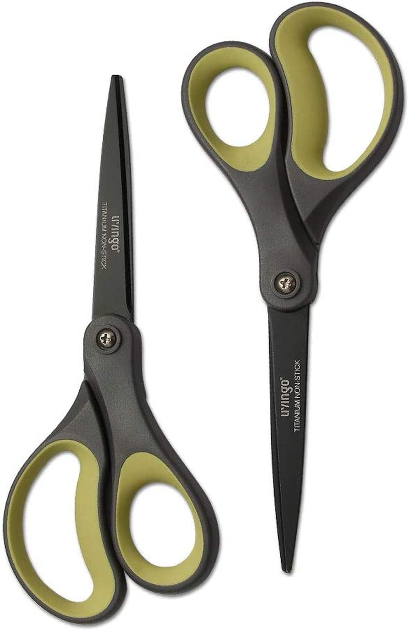 LIVINGO 2 Pack 8" Titanium Non-Stick Scissors, Professional Stainless Steel Comfort Grip, All-Purpose, Straight Office Craft Scissors(Green/Yellow,20.3Cm)