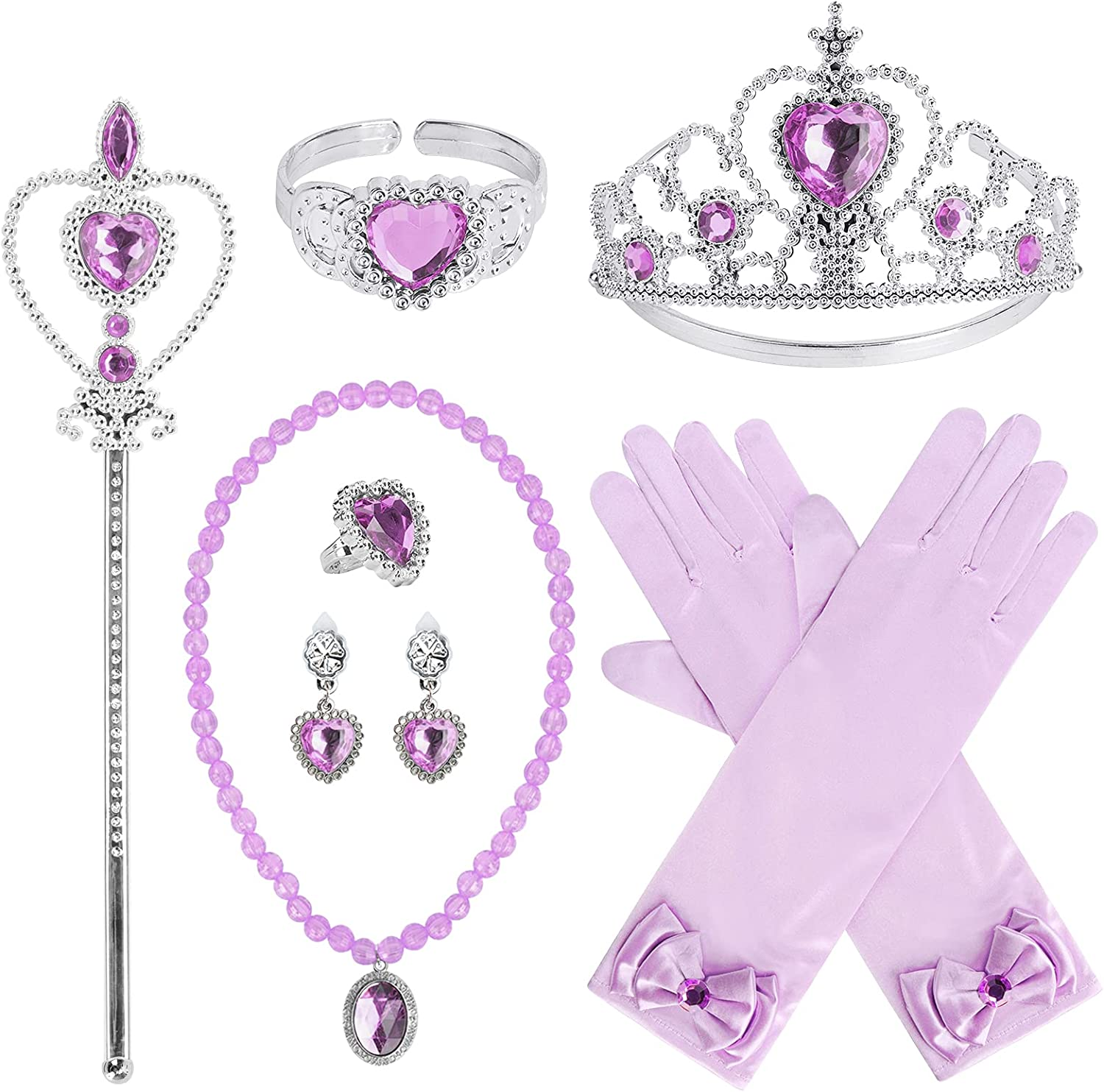 Princess Dress up Party Accessories for Princess Costume Gloves Tiara Wand Necklace Earrings Bracelet and Ring Gift Set 9Pcs