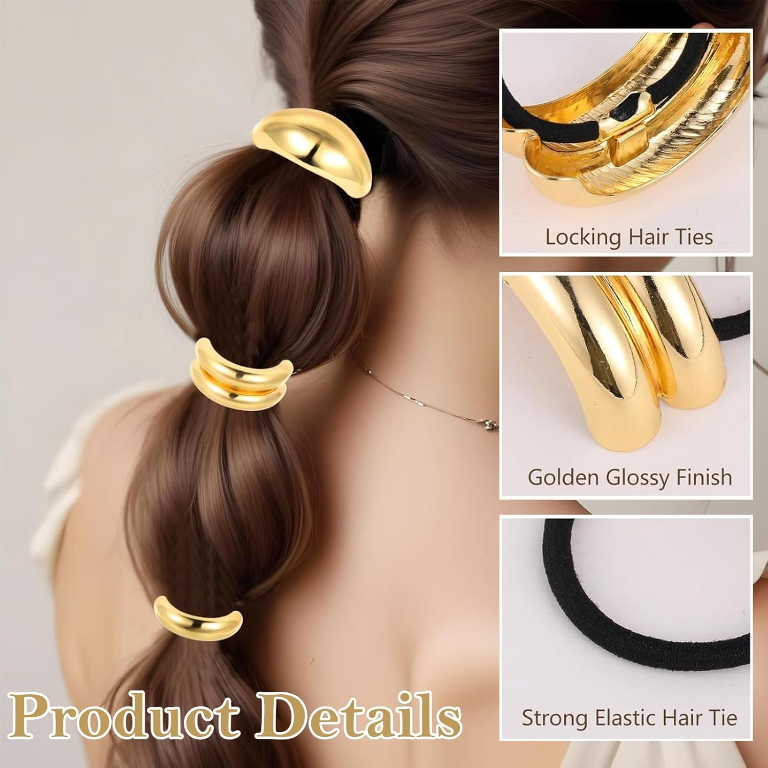 ASOMI 3 Pieces Gold Hair Scrunchies Metal Hair Ties for Thick Hair Elegant Durable Geometric Design Stretchy and Non-Damage Ponytail Holders image number 2