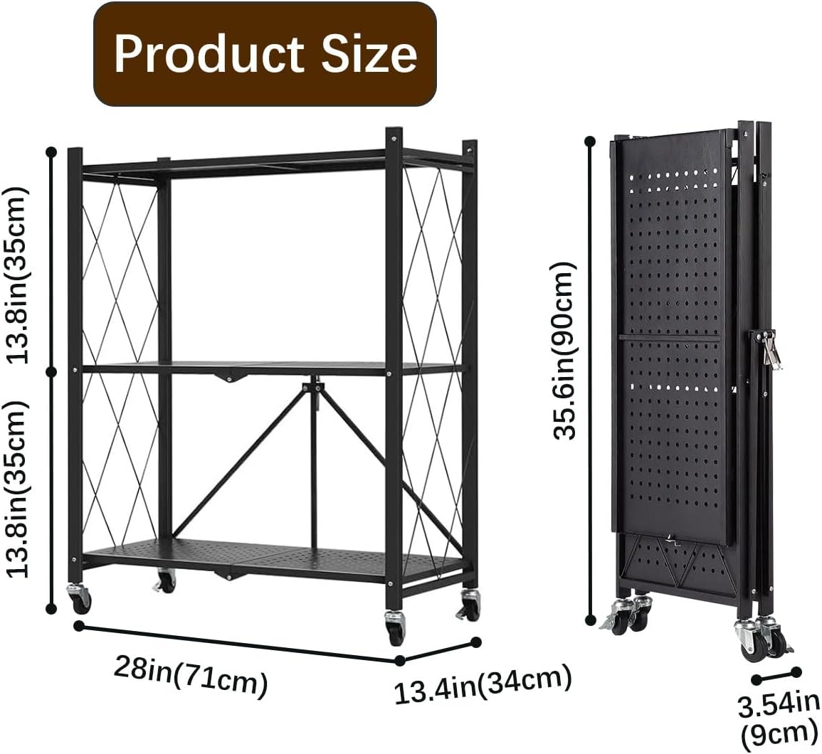 3-Tier Foldable Storage Shelf with Wheels - Metal Collapsible Shelving Unit Display, Rolling Cart for Books Kitchen Storage Shelves - Black image number 6