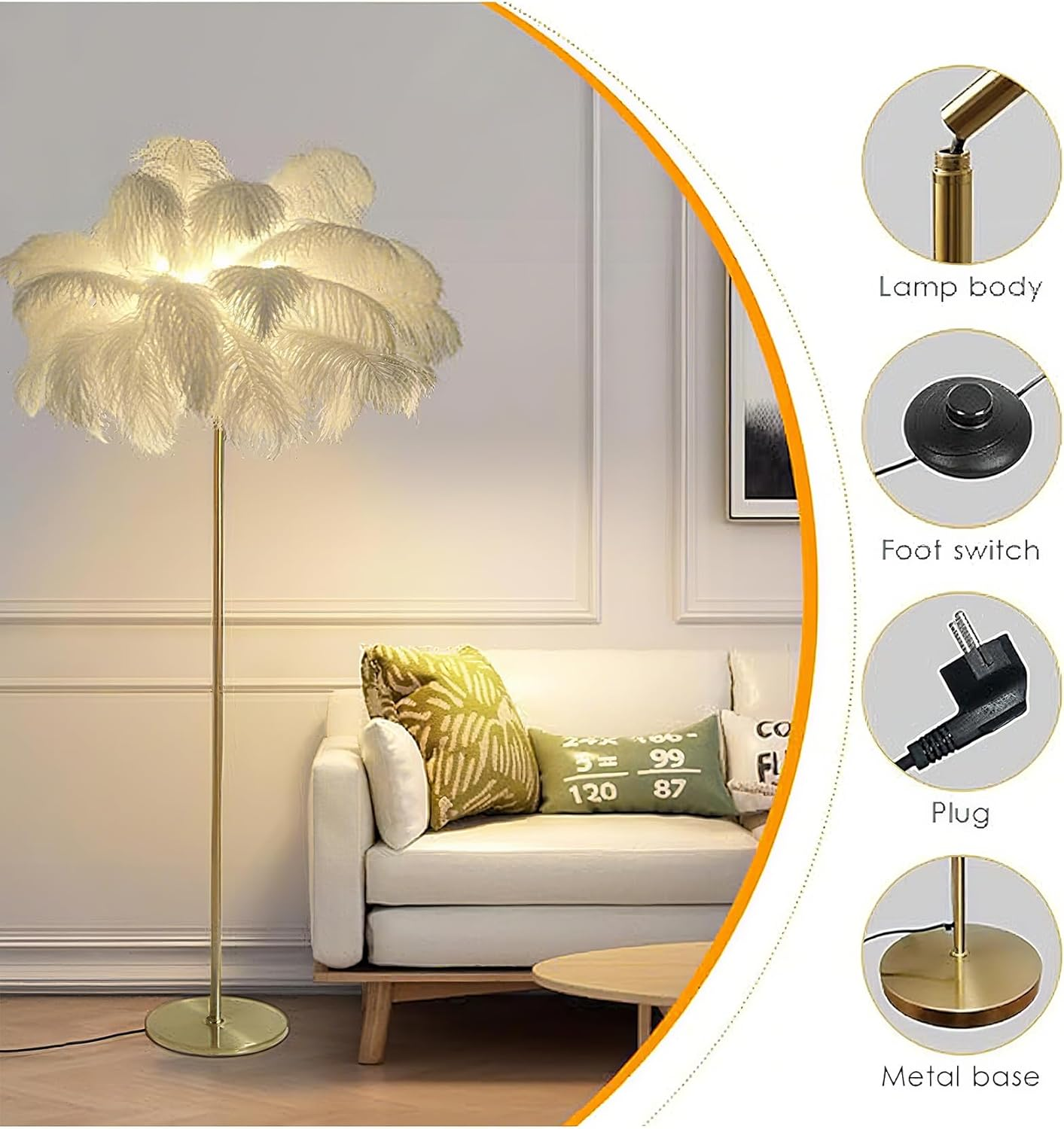 Feather Floor Lamp for Living Room, Fluffy Ostrich Feathers Lamp, Golden Color Body, 3 Color Temperatures Modern Funky Arc Tall Standing Lamp for Bedroom Inclued Bright LED Bulbs (White)